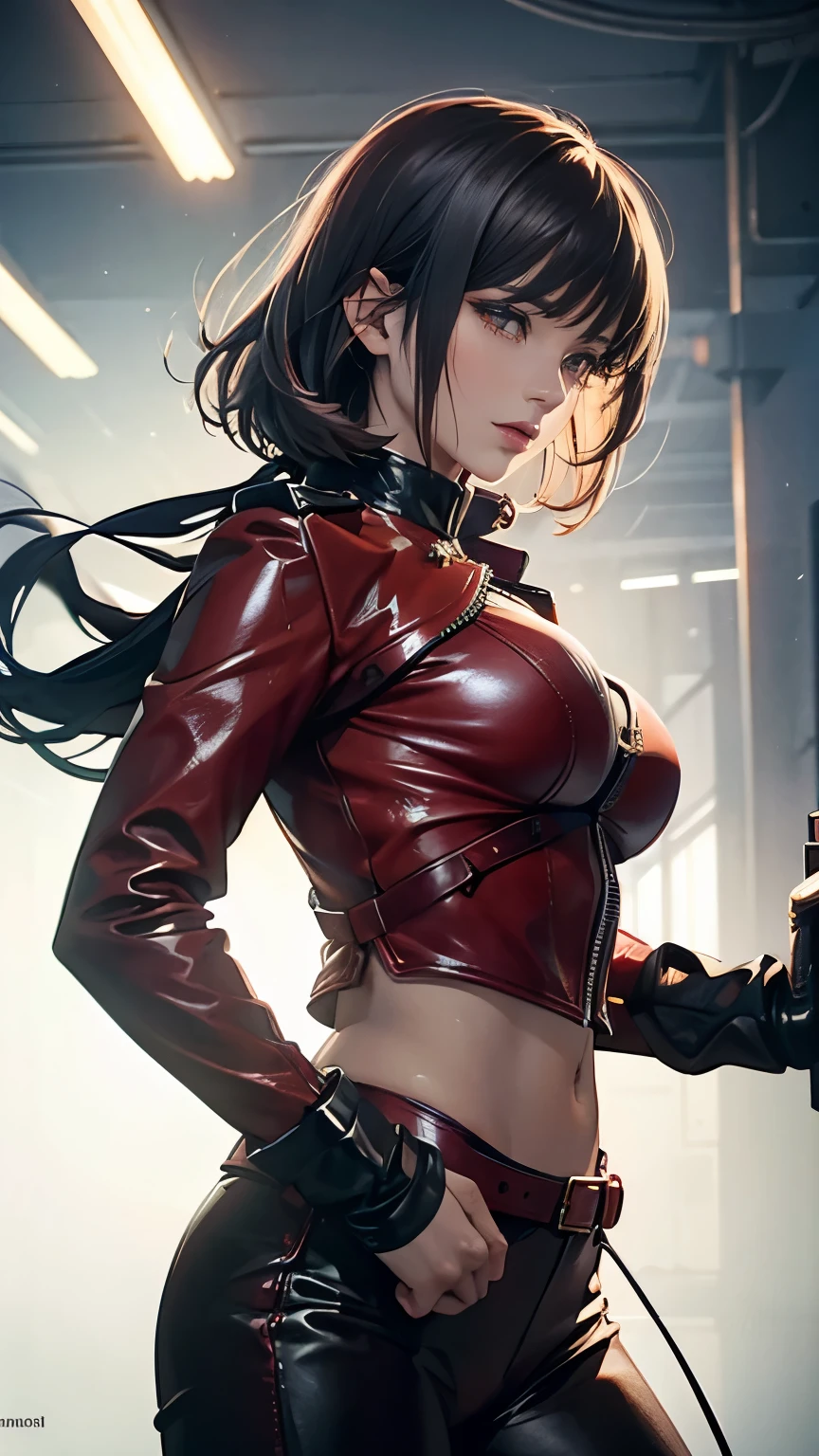 A beautiful 25 year old British female vampire mercenary with short dark hair, Pale skin, Wearing a red leather jacket and tight black pants, Carrying dual pistols, View from the front, Waist up shot, Dynamic pose, Ambient Lighting, Photographic realism, Intricate facial details, Exquisite handcrafted details, Very detailed, Vibrant colors, Cinematic, High resolution, Trending Style Raw on Artstation