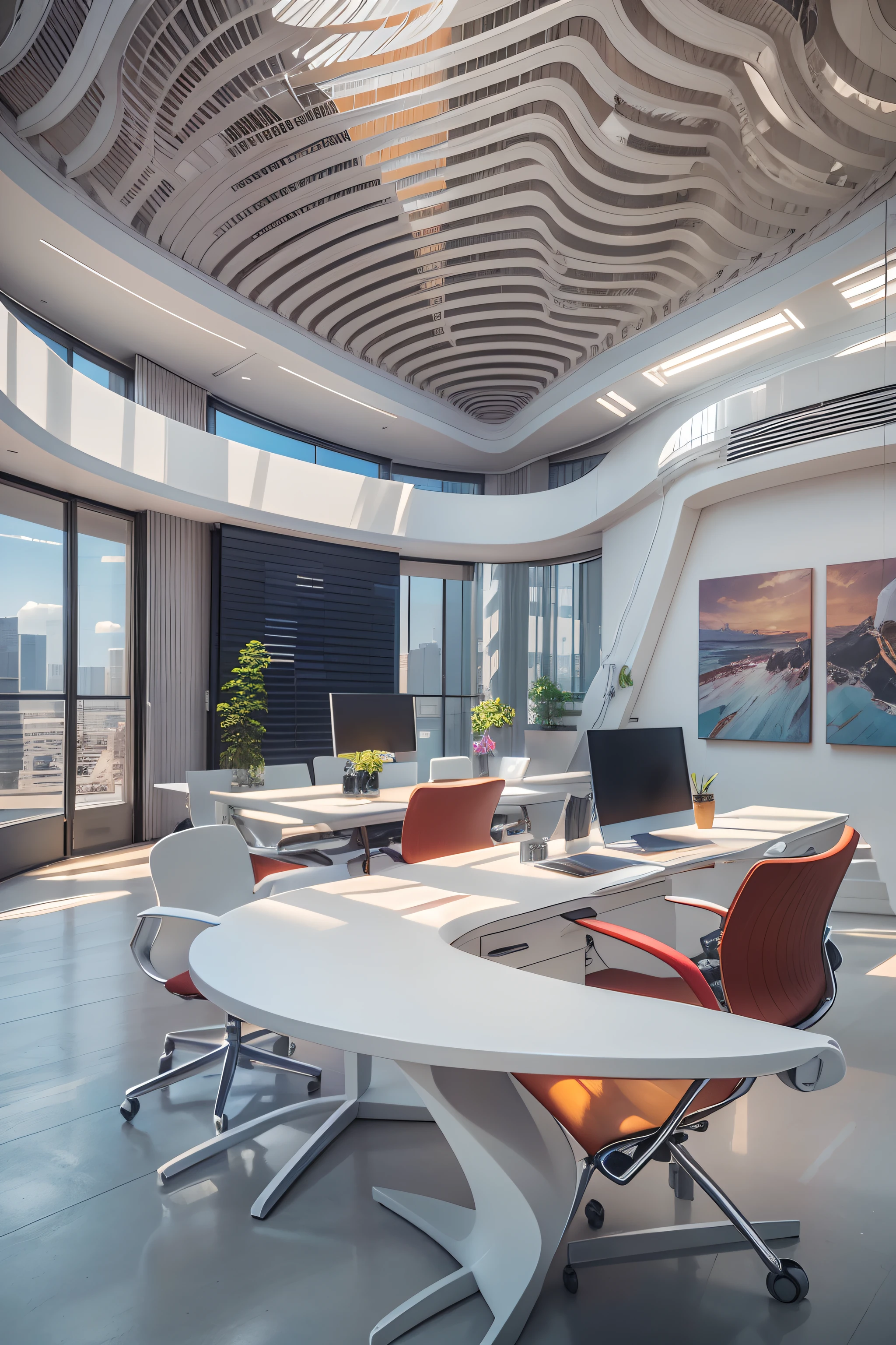 office room,There is a wall in the middle of the office,The painting on the wall is in the middle, Paintings on the walls, skyscape, Large airy windows, Zaha Hadid and Santiago Calatrava landscape panoramic style, Fish, Clear light, Edge lighting, Perfect image, Building summary style, 16k UE5. superfine, 8K, hdr, Product photography, Depth of field, Nikon D850, Ultra-realistic, no contrast, clean sharp focus, professional, No blurring