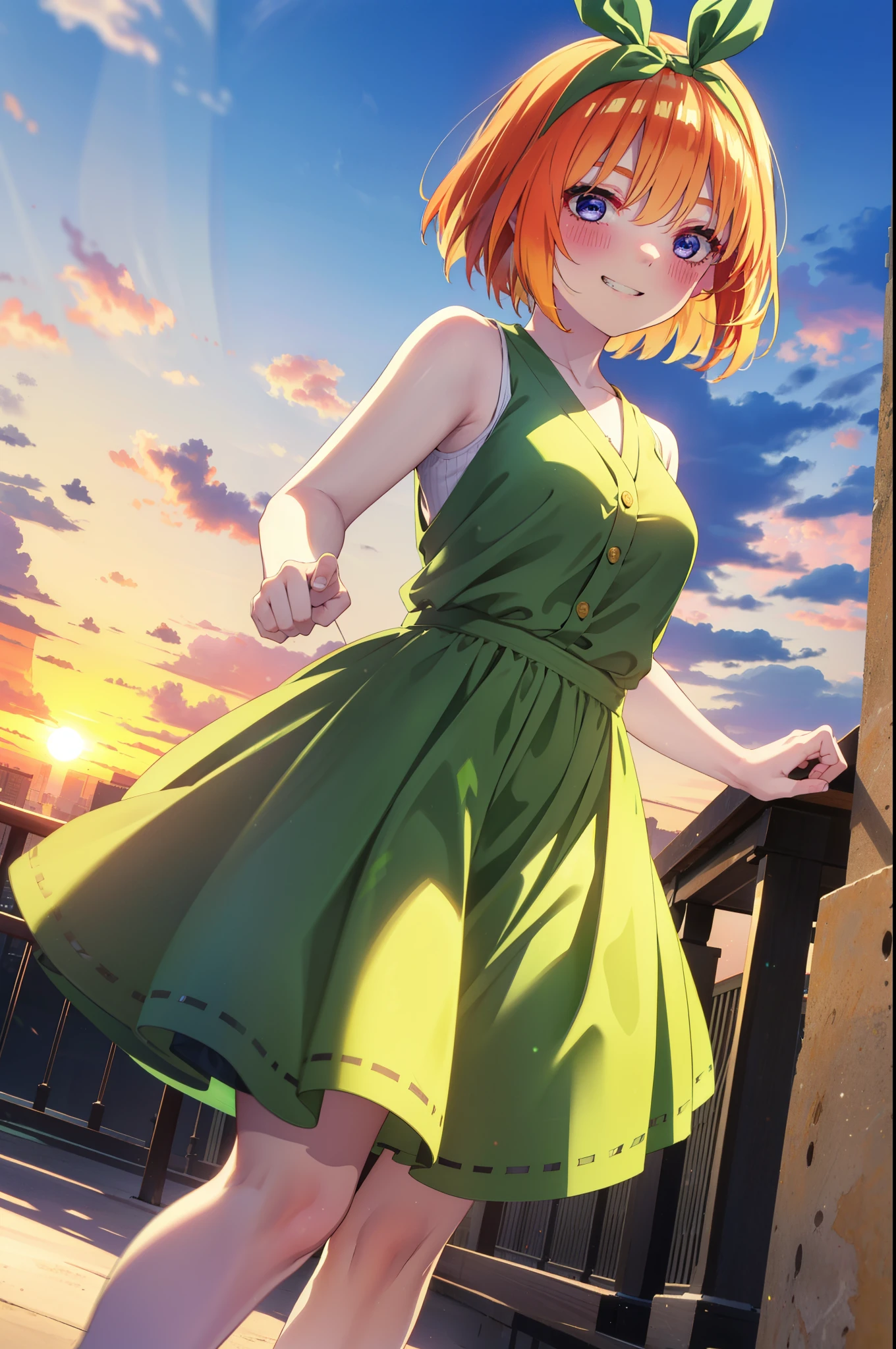yotsubanakano, yotsuba nakano, bangs, short hair, blue eyes, Hair between the eyes, Hair Ribbon, hair band, Orange Hair, (Green ribbon:1.5), smile, Grin,smile,Sleeveless green dress,Bare arms,Green long skirt,Cute heeled sandals,Holding a peace sign with his right hand,sunset,evening,The sun goes down,My hair is blowing in the wind,whole bodyがイラストに入るように,Looking down from above,
break outdoors, city,海岸通り
break looking at viewer, whole body,
break (masterpiece:1.2), highest quality, High resolution, unity 8k wallpaper, (shape:0.8), (Beautiful details:1.6), Highly detailed face, Perfect lighting, Extremely detailed CG, (Perfect hands, Perfect Anatomy),