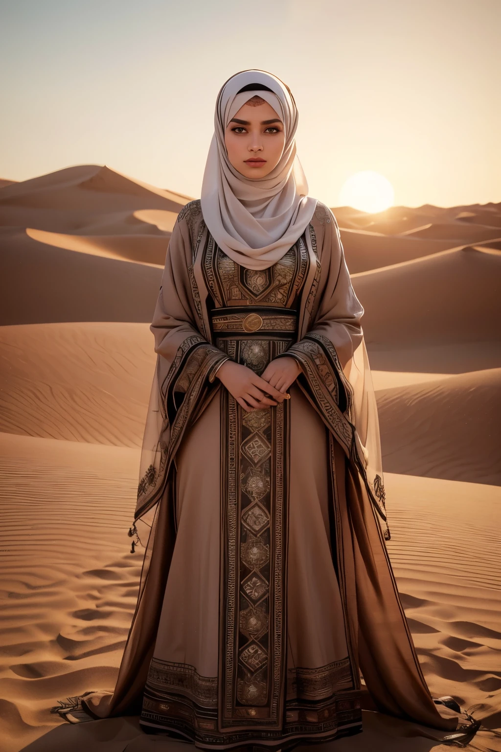 intricate digital illustration of the "Empty Quarter Bride" wearing a modest dress and a face cover, representing the traditional customs and values of the Arabian Peninsula. She is depicted with grace and elegance, symbolizing the beauty that lies beneath the veil.

The bride is dressed in a (flowing, long-sleeved gown)1.2 made from luxurious fabrics, showcasing intricate (embroidery)1.4 and delicate (lace)1.3 details. The dress is designed to cover her entire body, exemplifying modesty and refinement.

Her head is adorned with a (decorative headpiece)1.2, featuring (subtle embellishments)1.3 that complement her attire. A sheer (face cover)1.4 is worn, revealing only her eyes, adding an aura of mystery and intrigue.

Her eyes are captivating, accentuated with (subtle eye makeup)1.2 that highlights their natural beauty. Her lips are adorned with a soft, (neutral shade)1.3, enhancing her features while maintaining a modest appearance.

The background portrays the vast expanse of the Empty Quarter desert, with (sand dunes)1.4 stretching endlessly under a serene sky. The golden hues of the setting sun cast a warm and enchanting glow.

Overall, the illustration celebrates the Empty Quarter Bride's traditional values, showcasing her beauty, grace, and adherence to modesty. It captures the rich cultural heritage of the Arabian Peninsula and the captivating allure of the bride's concealed beauty.
