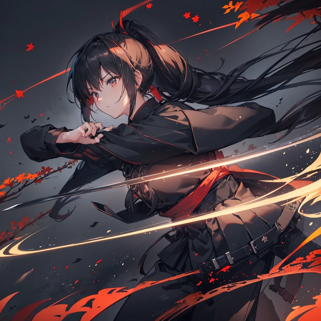 ((blackい髪 Long Hair ponytail black Military commander one person Lonely Red Flag cool)) ((night Japanese style old Shineオーラ)) (Dance Flame Blade Japanese sword Draw your sword Shine) moon star Draw your sword Slashing Catch the wind print Tense face Battle autumn Maple