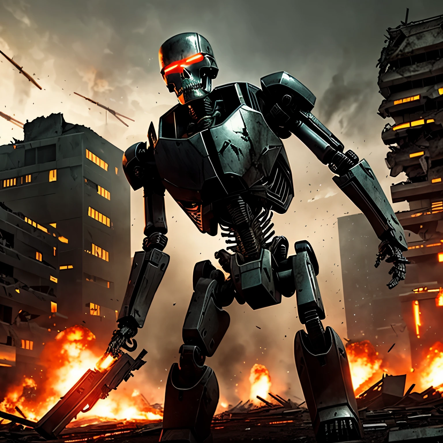 Many Terminator T-800 endoskeletons Robots fighting. Against each other Dark, foggy post-apocalyptic US capital in ruins, multiple T-800 endoskeletons engaged in fierce combat. Realistic style with dramatic, harsh lighting highlighting the chaos. Flashes of explosions and gunfire illuminate the scene, with debris and destroyed buildings everywhere. The atmosphere is grim and foreboding, emphasizing the relentless, brutal nature of the battle among the skeletal robots.