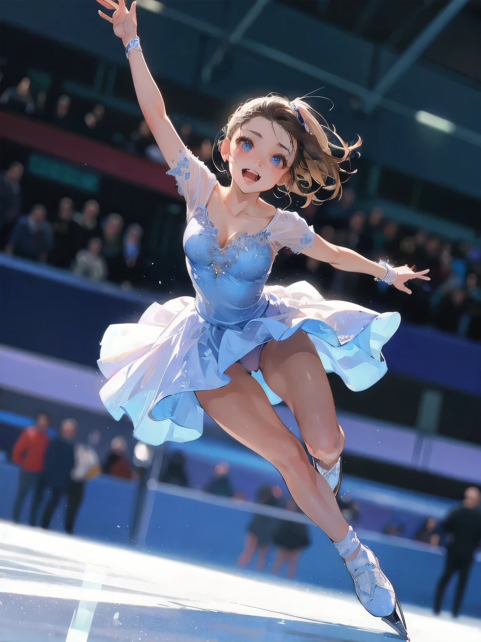 high quality,HD,16k,sharp lines,1 girl,Female figure skate athlete ,cute face, large breasts, nice legs,At the figure skate venue,focus girl,detailed beautiful face,detailed clothes,beautiful eyes,cool,dynamic angle