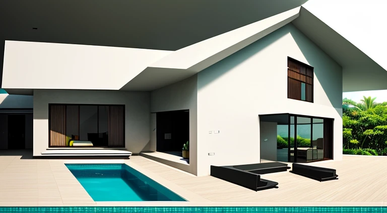 modern villa, pristine, grass, swimming pool, terrace with outdoor sitting space, in the style of bohemian chic and japandi, lush tropical background, architectural details, highly detailed
