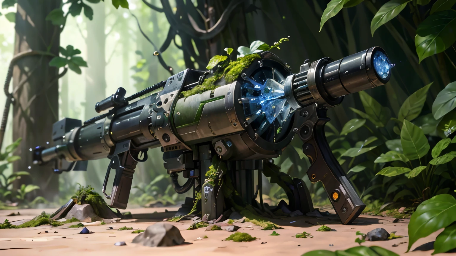 Science Fiction，unmanned，Gun with plants and crystals，Glowing gun，plasma，Plant and machine combination，moss，The vine plant attached to the gun，cgi，Realism，Light and Shadow，HD，Extreme details，high resolution，Outdoor scene on the ground