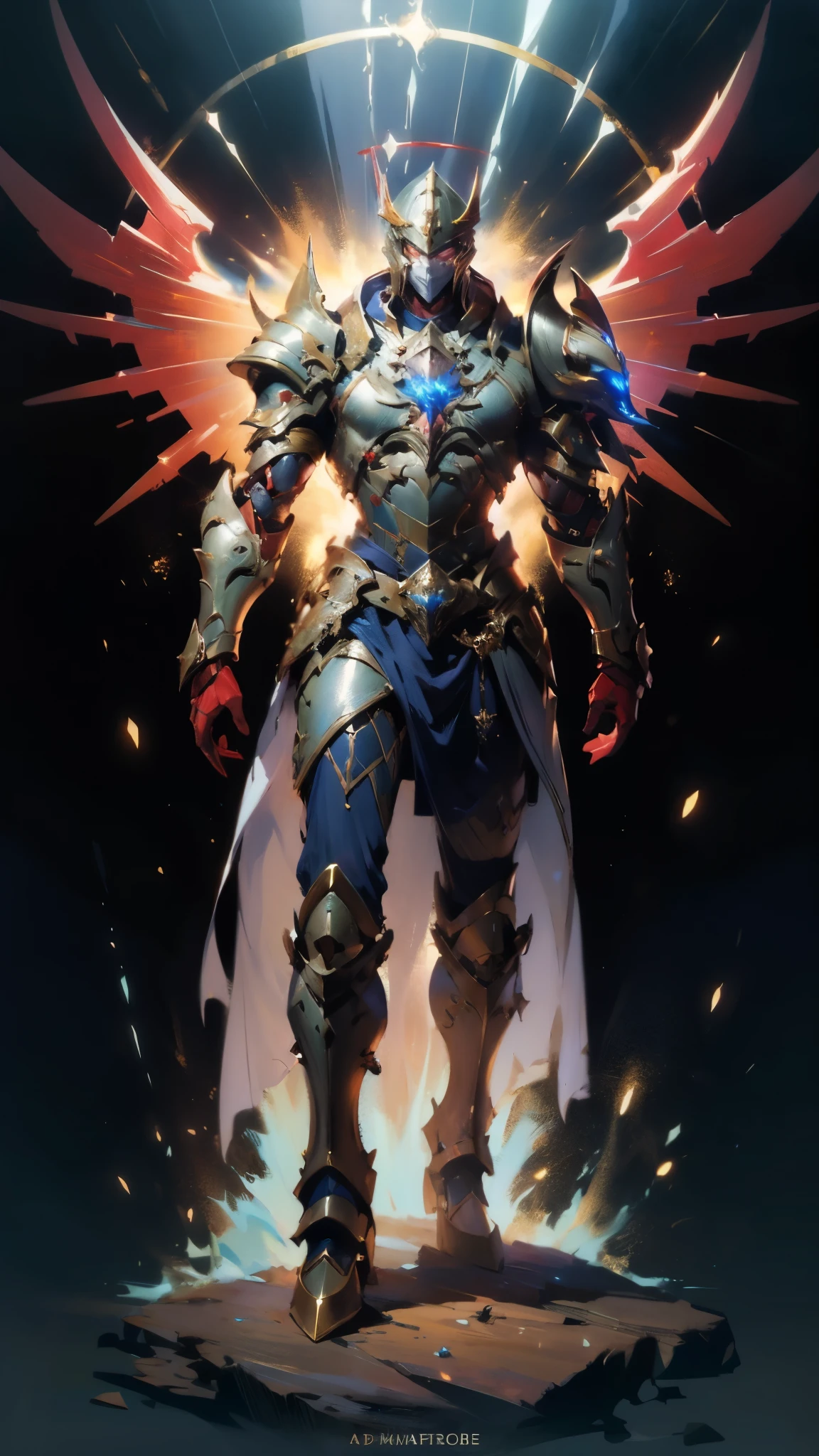 A man wearing a full-face helmet, a fantasy-style biotech armored combat suit, green eyes, (a composite layered chest armor), fully enclosed shoulder guards, matching arm and leg guards, the belt is adorned with Halo, (the color scheme is primarily white with red and blue accents), the design balances heavy with agility, a high-tech bio-mecha armor, (Armor Concept Inspired by Angel, stand on the top of a skyscraper in a futuristic sci-fi city), this character embodies a finely crafted fantasy-surreal style armored hero in anime style, exquisite and mature manga art style, (battle damage, element, plasma, energy, the armor glows), ((male:1.5)), metallic, real texture material, dramatic, high definition, best quality, highres, ultra-detailed, ultra-fine painting, extremely delicate, professional, perfect body proportions, golden ratio, anatomically correct, symmetrical face, extremely detailed eyes and face, high quality eyes, creativity, RAW photo, UHD, 32k, Natural light, cinematic lighting, masterpiece-anatomy-perfect, masterpiece:1.5