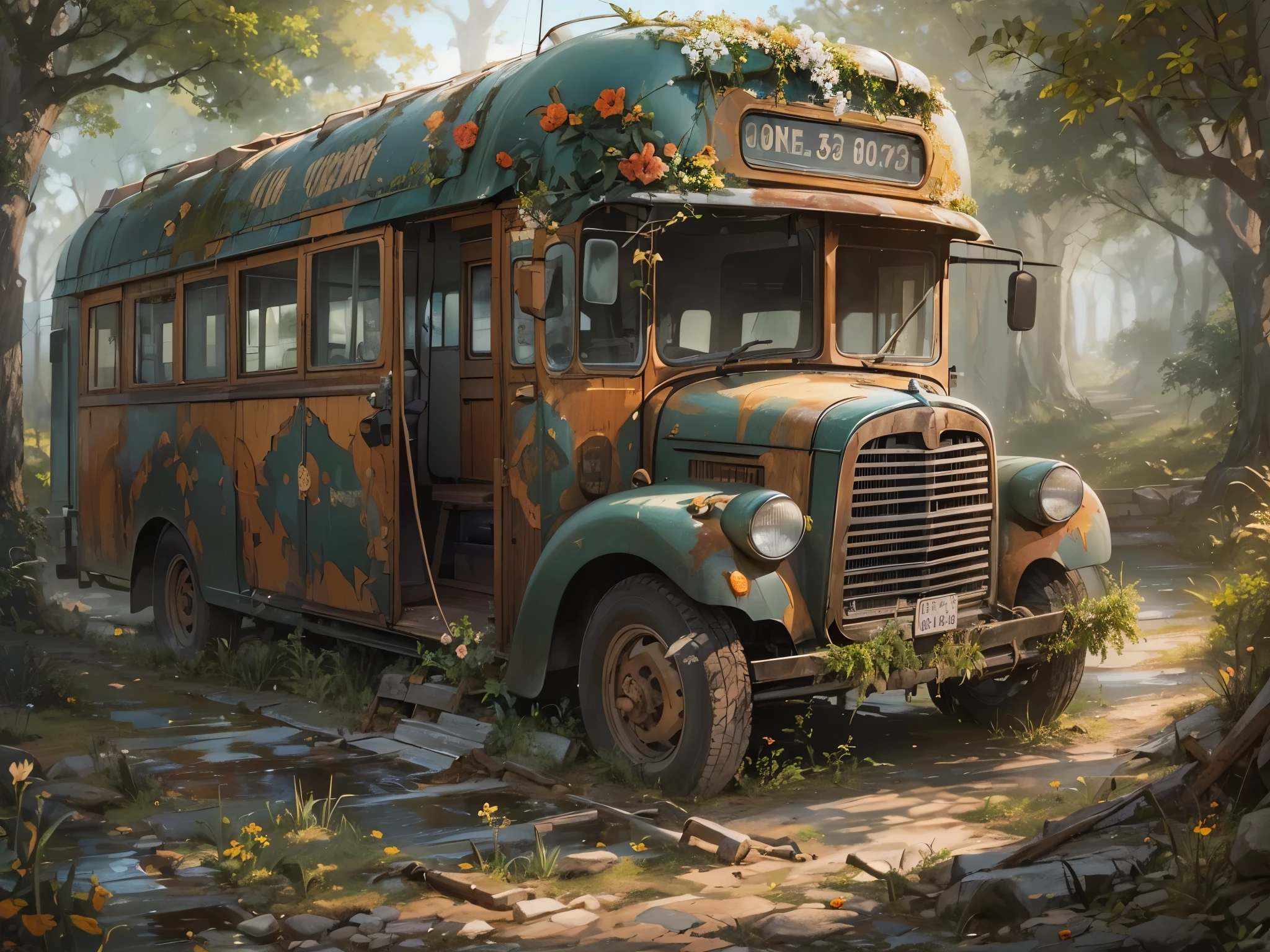 ((highest quality)),(Ultra-high resolution),(Super detailed new),(Detailed Description),((The best CG)),(A masterpiece),Ultra-detailed art,A wonderful new art form,(Art with precise detail:1.5), bus, Ombolo car