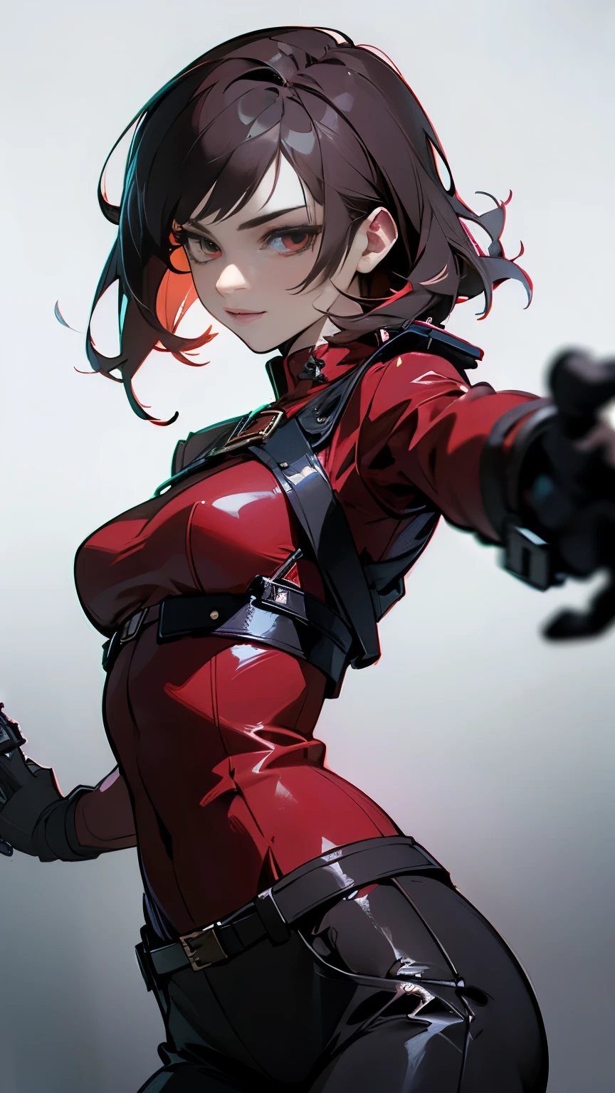 A beautiful 25 year old British female vampire mercenary with short dark hair, Pale skin, Wearing a red leather jacket and tight black pants, Carrying dual pistols, View from the front, Waist up shot, Dynamic pose, Ambient Lighting, Photographic realism, Intricate facial details, Exquisite handcrafted details, Very detailed, Vibrant colors, Cinematic, High resolution, Trending Style Raw on Artstation