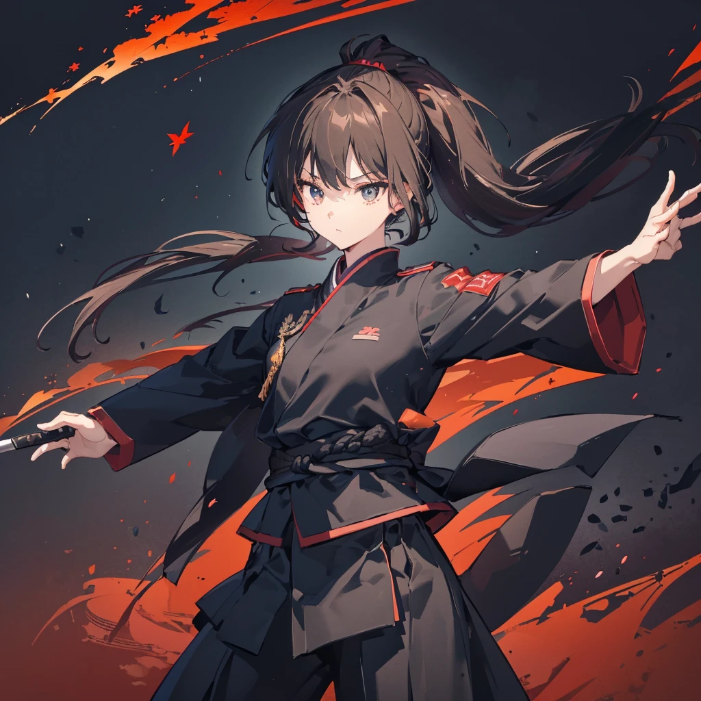 ((blackい髪 Long Hair ponytail black Military commander one person Lonely Red Flag cool)) ((night Japanese style old Shineオーラ)) (Dance Flame Blade Japanese sword Draw your sword Shine) moon star Draw your sword Slashing Catch the wind print Tense face Battle autumn Maple