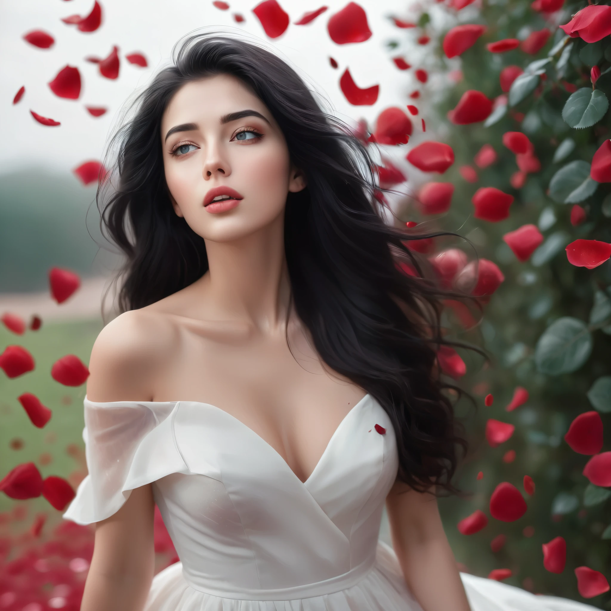 (best quality, realistic, ultra-detailed), a beautiful woman looking up, hair blowing in the wind, and red rose petals falling. perfect makeup, detailed eyes, and lips, long flowing black hair, graceful pose, vibrant colors, soft lighting, romantic atmosphere, elegant and confident expression, delicate features, flowing dress, natural surroundings, dreamy ambiance. canon eos r3, 20 megapixels