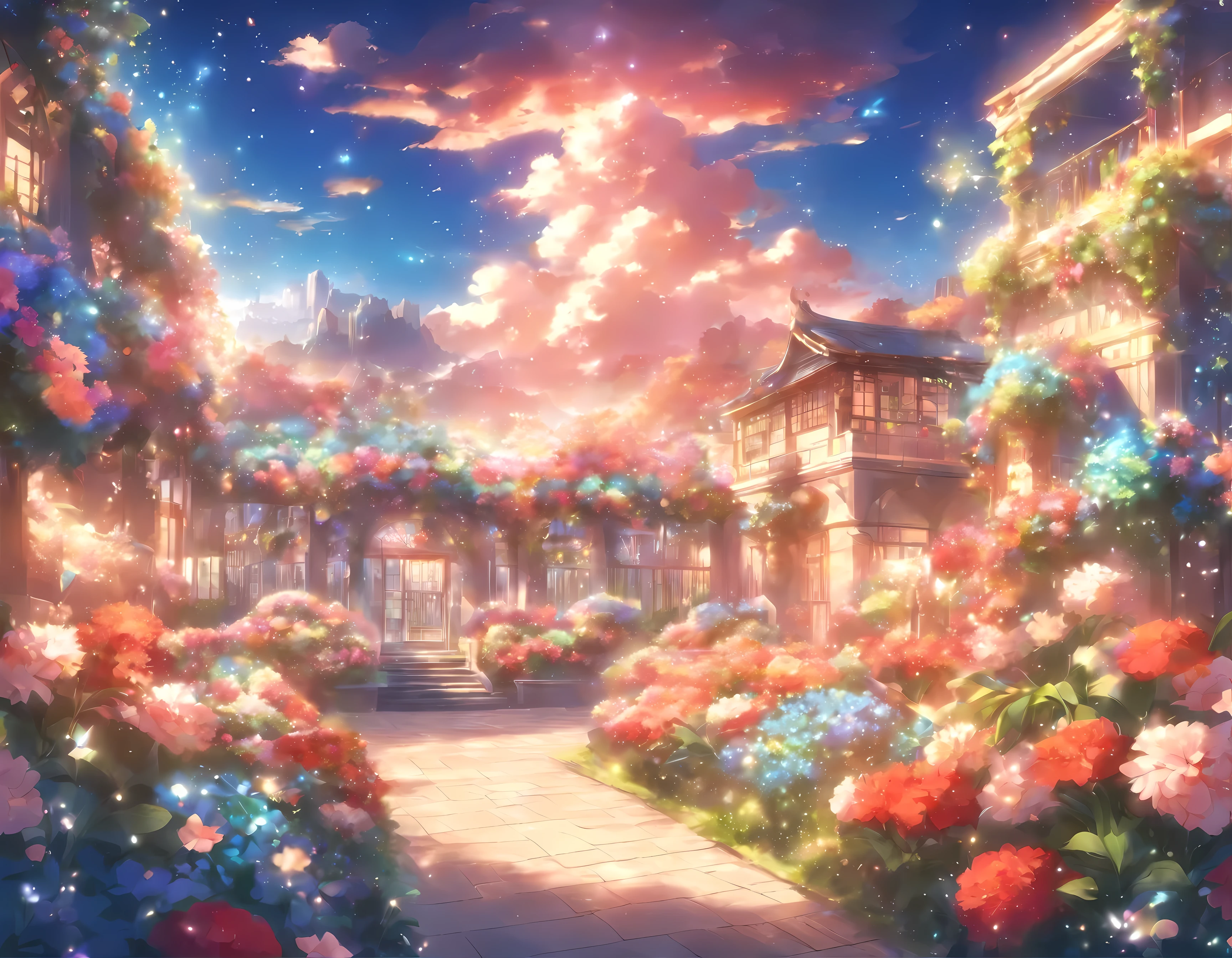 flower garden, luxurious, bright, sparkling