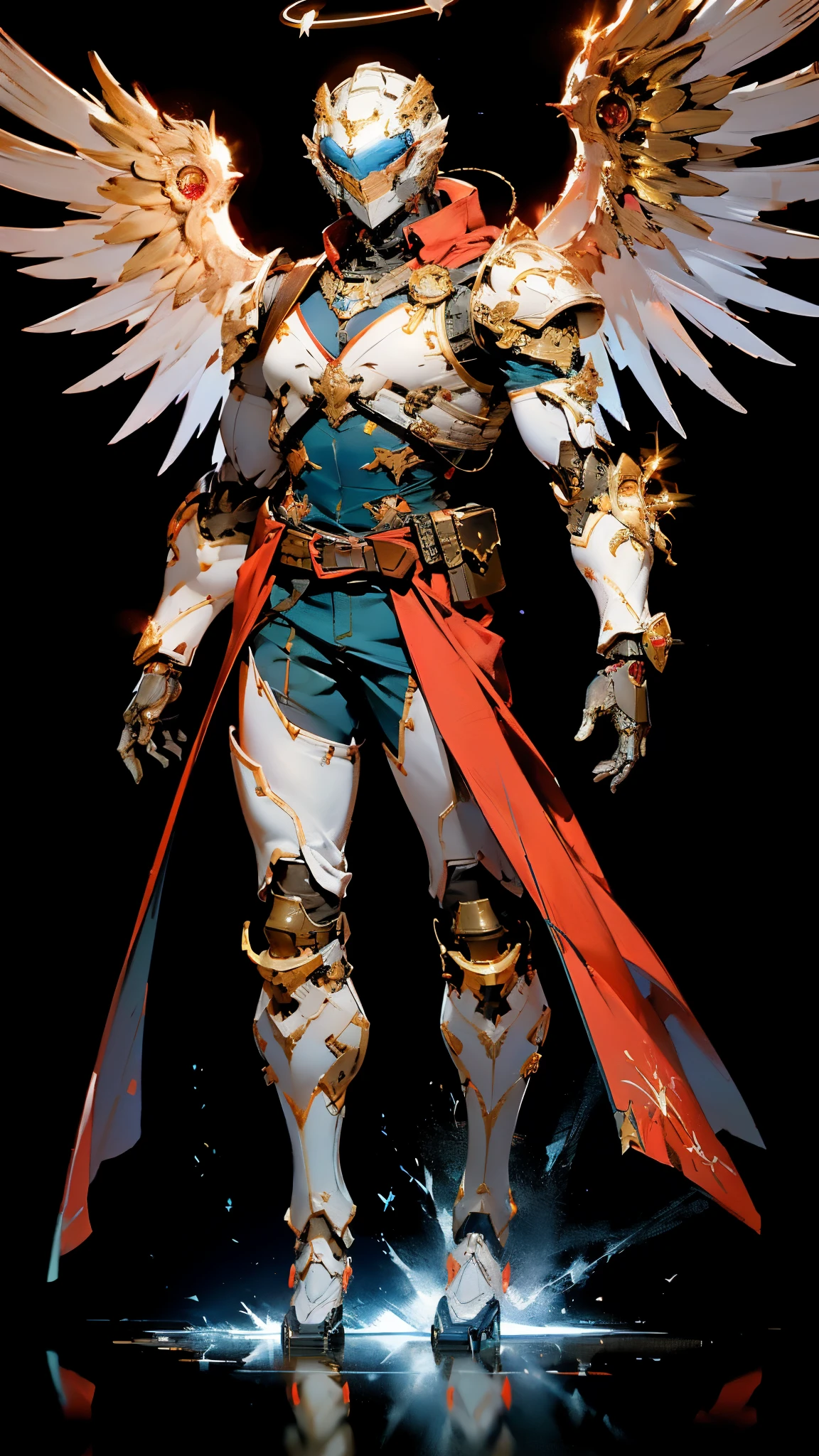 A man wearing a full-face helmet, a fantasy-style biotech armored combat suit, green eyes, (a composite layered chest armor), fully enclosed shoulder guards, matching arm and leg guards, the belt is adorned with Halo, (the color scheme is primarily white with red and blue accents), the design balances heavy with agility, a high-tech bio-mecha armor, (Armor Concept Inspired by Angel, stand on the top of a skyscraper in a futuristic sci-fi city), this character embodies a finely crafted fantasy-surreal style armored hero in anime style, exquisite and mature manga art style, (battle damage, element, plasma, energy, the armor glows), ((male:1.5)), metallic, real texture material, dramatic, high definition, best quality, highres, ultra-detailed, ultra-fine painting, extremely delicate, professional, perfect body proportions, golden ratio, anatomically correct, symmetrical face, extremely detailed eyes and face, high quality eyes, creativity, RAW photo, UHD, 32k, Natural light, cinematic lighting, masterpiece-anatomy-perfect, masterpiece:1.5