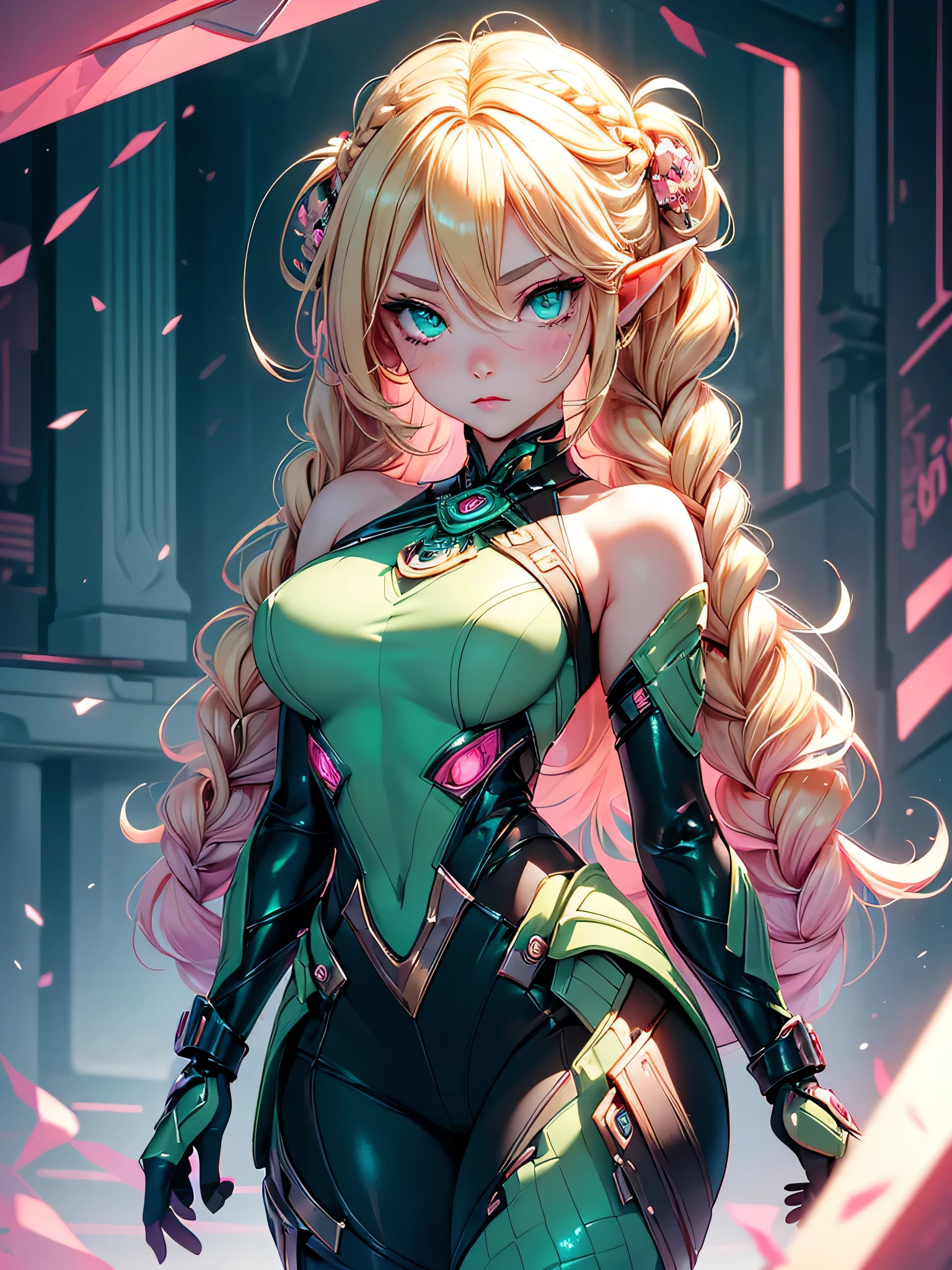 nsfw:1.1, high resolution:1.7, incredibly absurdres, kawaii:1, cute:1.5, hires.fix,anime visual:1,incredibly fine illustration,8k,masterpiece:1.2,best quality, high quality, exquisite, beautiful,insanely detailed, intricate detailed, extremely detailed, Super Definition,ultra high res, perfect face, detailed face, Japanese Actress,(Idol),18yo,Beautiful,(Cute and lovely),cute girl,((anime elf with extremely cute and beautiful blonde hair)),((((blonde single braid)))),(((green_eyes:1.3))),intricate eyes,beautiful detailed eyes,symmetrical eyes,big eyes:1.5,enchanting bright eyes studded with gold and silver dust,(((pinky and glowing_skin,shiny body,plastic glitter skin,exaggerated shiny skin,illuminated skin))),upward breasts,waist slender,(detailed body,(detailed face)),cute,daring,zettai ryouiki,show skin,best relationship with four fingers and one thumb,Very Fine Face and Eyes,Very Fine Hair,(Perfect Anatomy),((girl trembling with sexual climax)),Garter Belt,Bare shoulders,Check out our thru-rack chokers and midi rings with chains,(Blonde to Pink Hair: 1.3),((Beautiful, Detailed Eyes, Jewel-like Eyes, Shining Eyes: 1.3)) , The female body incorporates mechanical components such as gears, wires and circuits that merge with the female's natural form to create a visually captivating and futuristic aesthetic. The mechanical elements emphasize precision and functionality, with interconnected gears and cogs that work harmoniously with the female physique. Female faces may have cybernetic enhancements such as glowing eyes, neural implants, and metallic facial features that symbolize the fusion of man and machine. This artwork embodies both the strength of a woman and the grace of the human spirit. Lighting and shadows play an important role, enhancing the contrast between organic and mechanical elements and adding depth to the composition. It emphasizes the mechanical nature of the artwork. Background details may include futuristic cityscapes, industrial landscapes,