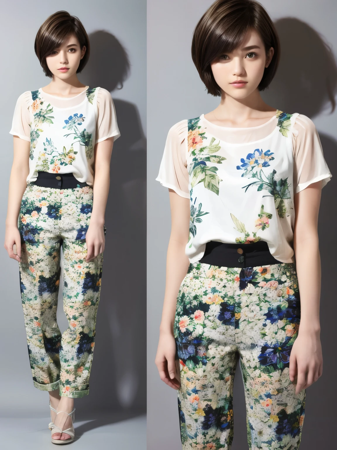 229 (18-year-old female,Floral clothes),  ((short hair:1.46)),  (Pants Style)