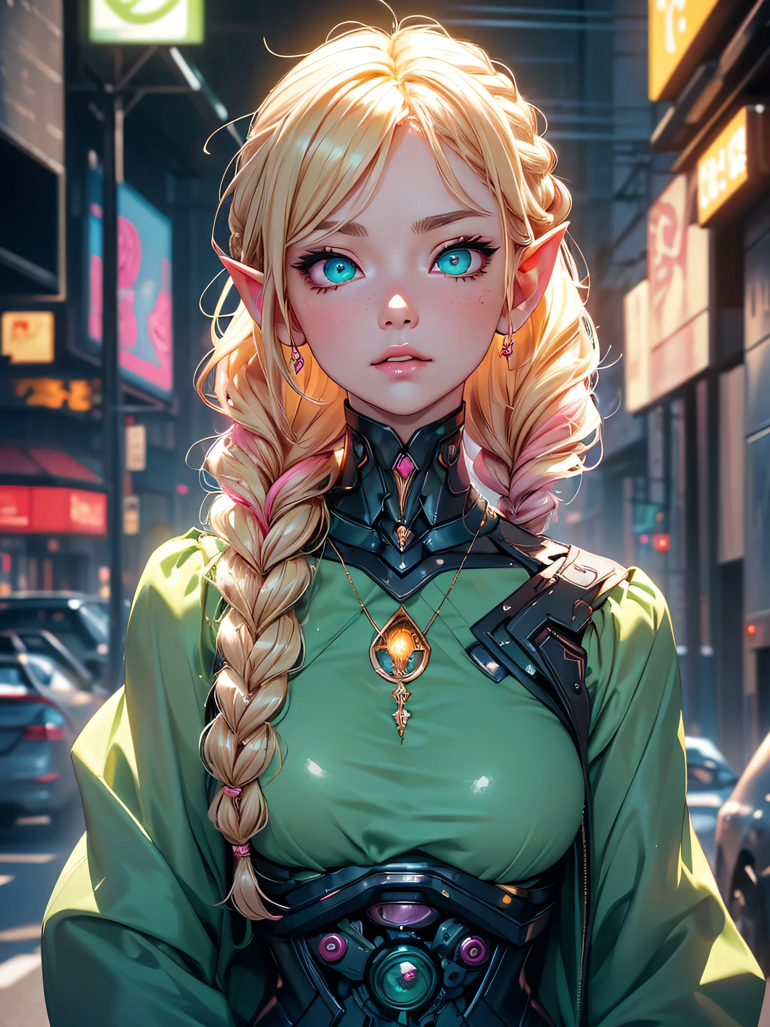 nsfw:1.1, high resolution:1.7, incredibly absurdres, kawaii:1, cute:1.5, hires.fix,anime visual:1,incredibly fine illustration,8k,masterpiece:1.2,best quality, high quality, exquisite, beautiful,insanely detailed, intricate detailed, extremely detailed, Super Definition,ultra high res, perfect face, detailed face,  Japanese Actress,(Idol),18yo,Beautiful,(Cute and lovely),cute girl,((anime elf with extremely cute and beautiful blonde hair)),((((blonde single braid)))),(((green_eyes:1.3))),intricate eyes,beautiful detailed eyes,symmetrical eyes,big eyes:1.5,enchanting bright eyes studded with gold and silver dust,(((pinky and glowing_skin,shiny body,plastic glitter skin,exaggerated shiny skin,illuminated skin))),upward breasts,waist slender,(detailed body,(detailed face)),cute,daring,zettai ryouiki,show skin,best relationship with four fingers and one thumb,Very Fine Face and Eyes,Very Fine Hair,(Perfect Anatomy),((girl trembling with sexual climax)),Garter Belt,Bare shoulders,Check out our thru-rack chokers and midi rings with chains,(Blonde to Pink Hair: 1.3),((Beautiful, Detailed Eyes, Jewel-like Eyes, Shining Eyes: 1.3)) , The female body incorporates mechanical components such as gears, wires and circuits that merge with the female's natural form to create a visually captivating and futuristic aesthetic. The mechanical elements emphasize precision and functionality, with interconnected gears and cogs that work harmoniously with the female physique. Female faces may have cybernetic enhancements such as glowing eyes, neural implants, and metallic facial features that symbolize the fusion of man and machine. This artwork embodies both the strength of a woman and the grace of the human spirit. Lighting and shadows play an important role, enhancing the contrast between organic and mechanical elements and adding depth to the composition. It emphasizes the mechanical nature of the artwork. Background details may include futuristic cityscapes, industrial landscapes,
