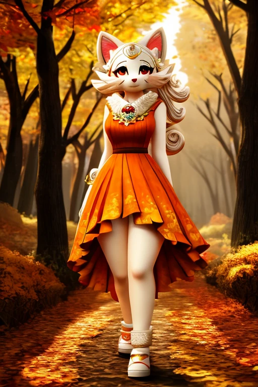 Okami Amanterasu diosa del sol furry, con un hermoso vestido, walking in an autumn forest, with a beautiful background in the style of paper Mario, beautiful and cute furry, HD 3D 4K