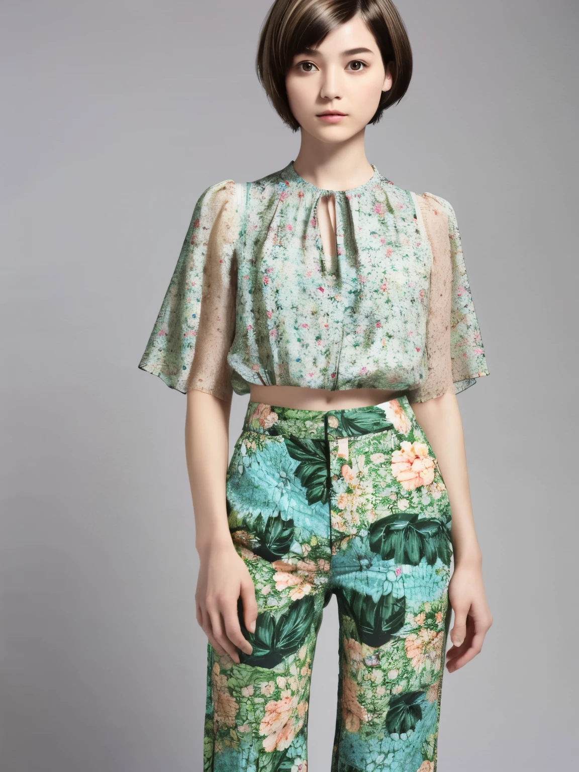 229 (18-year-old female,Floral clothes), ((short hair:1.46)), (Pants Style)