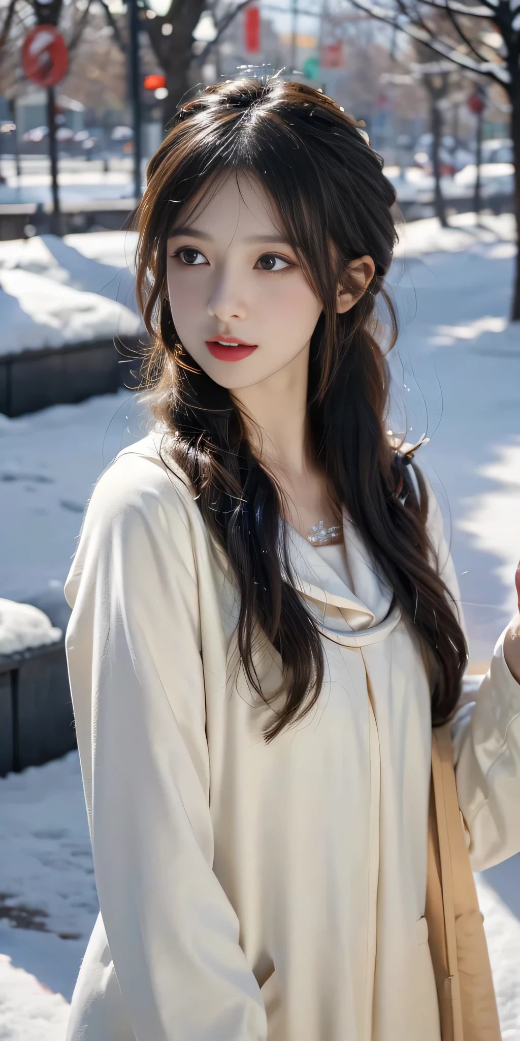 RAW photo, bokeh, Top image quality, High resolution, best quality, 8k, HDR, (photorealistic:1.5), young girl, trench coat, beanies, Winter, snowing day, (intricate details:1.37), (delicate detailed) (intricate details), (cinematic light, best quality Backlights), she stands gracefully, looking at viewer, framed by trees adorned with a pristine white blanket of snow. The sunlight gently kisses her face, illuminating her natural beauty. Her features reflect the pristine clarity of the snow, with eyes as deep and blue as sapphires. Her hair cascades softly, adorned with delicate snowflakes, creating a dreamy and innocent allure. Each step she takes is light and airy, reminiscent of petals gently dancing upon a breeze, radiating a serene and enchanting presence.