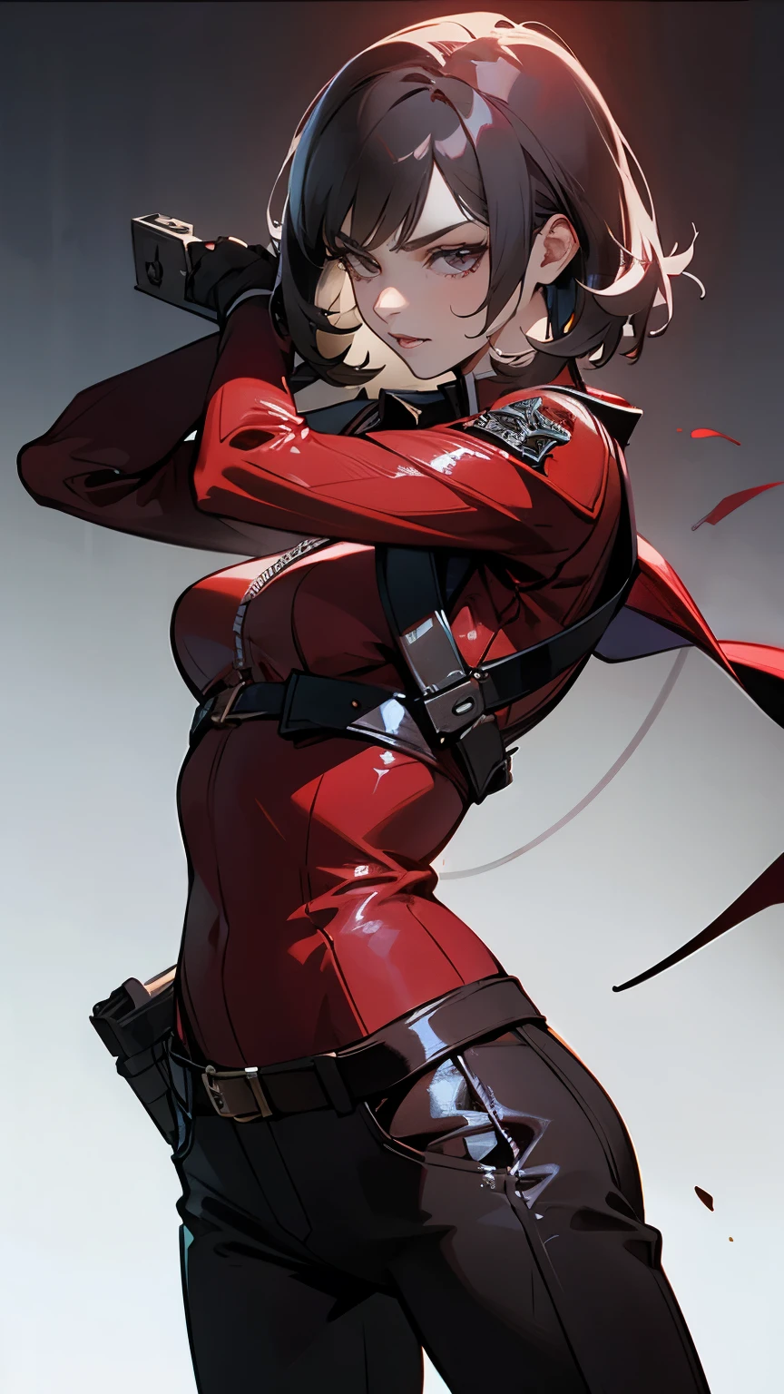 A beautiful 25 year old British female vampire mercenary with short dark hair, Pale skin, Wearing a red leather jacket and tight black pants, Carrying dual pistols, View from the front, Waist up shot, Dynamic pose, Ambient Lighting, Photographic realism, Intricate facial details, Exquisite handcrafted details, Very detailed, Vibrant colors, Cinematic, High resolution, Trending Style Raw on Artstation