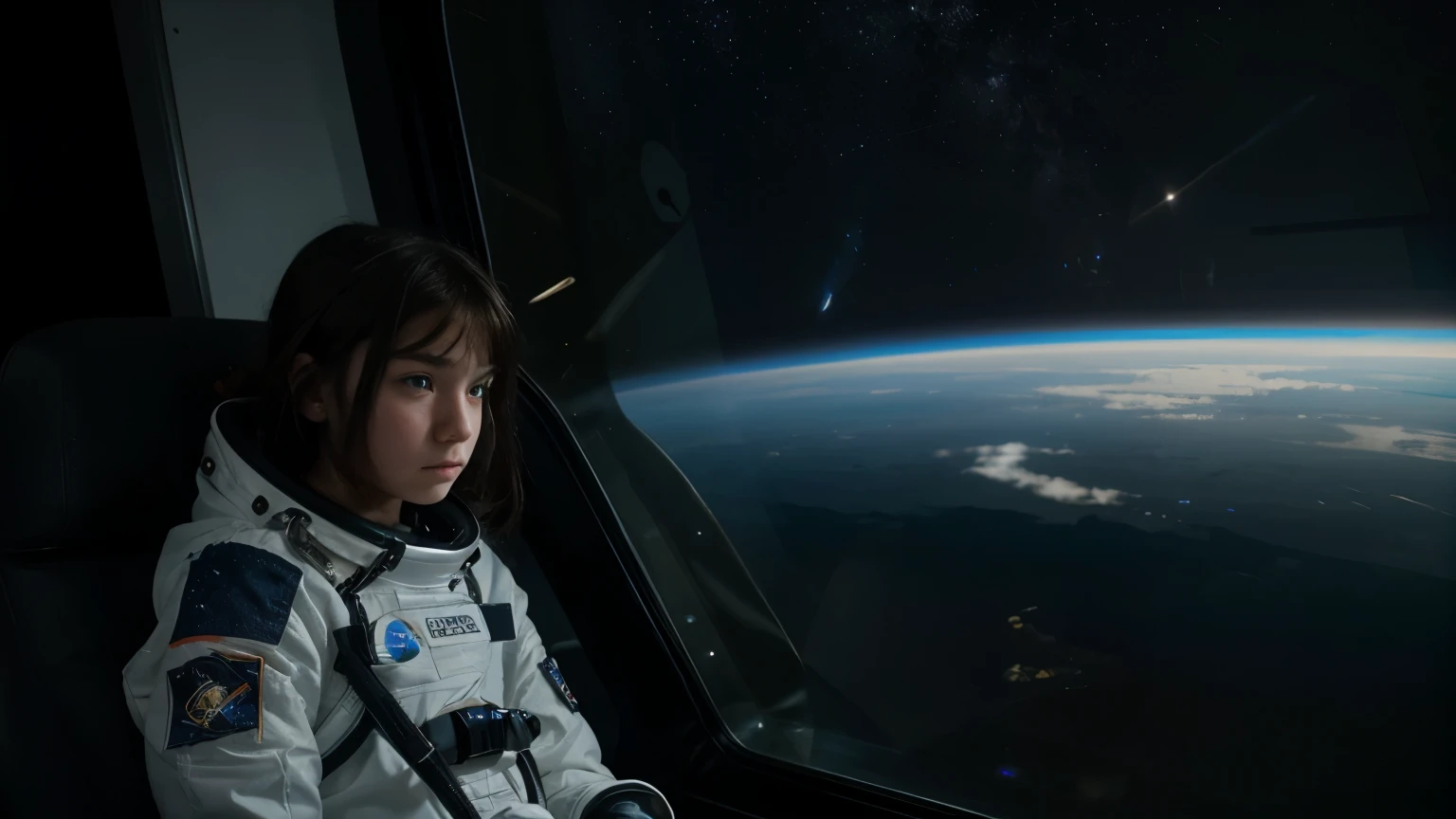 a sad 14 year old girl, wearing a spacesuit, looking at black space out of a big spacecraft window, Earth in the distance