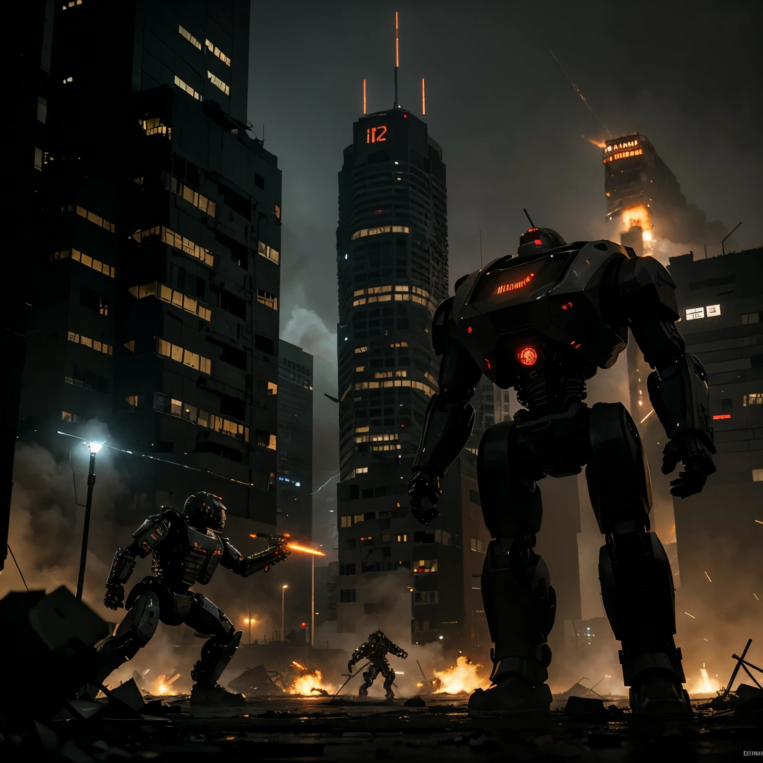 Two Terminator Robots fighting against each other. Dark, foggy post-apocalyptic US capital in ruins, two Terminator T-800 endoskeletons robots in the foreground engaged in fierce combat. Realistic style with dramatic, harsh dark lighting highlighting the chaos.Some Flashes of explosions in the distance and gunfire illuminate the scene. debris and destroyed skyscrapers. The atmosphere is grim and foreboding, emphasizing the relentless, brutal nature of the battle among the skeletal robots. hyper realistic, 8k, cinematic