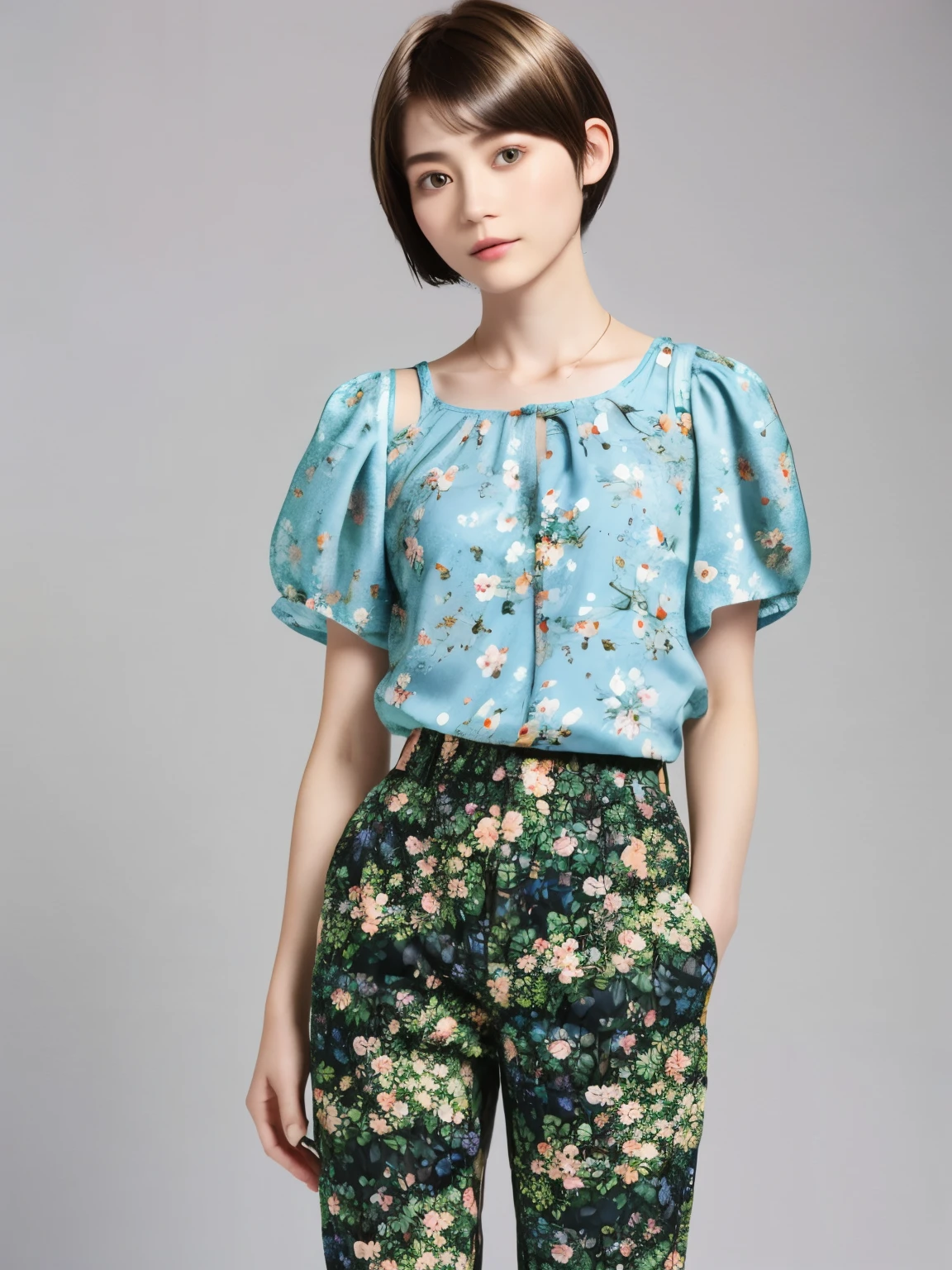 229 (18-year-old female,Floral clothes),  ((short hair:1.46)),  (Pants Style)