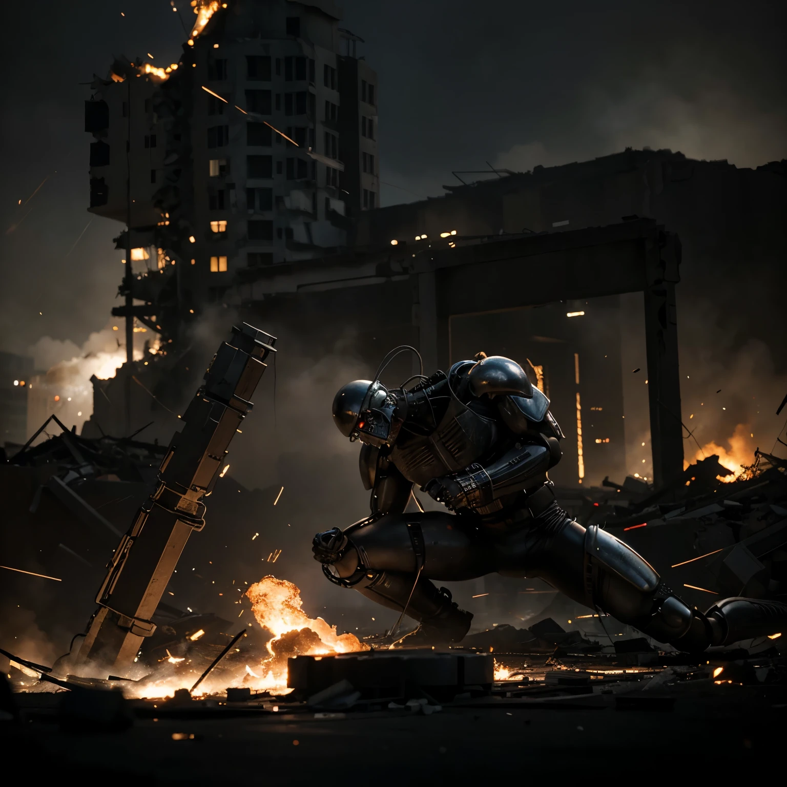 Close-up on a brutal fight between two T-800 endoskeletons amidst the ruins of the US Capitol. Render the scene in hyper-realistic 8K with dramatic, dark lighting. Capture the chaos and intensity of the battle through the metallic clash of limbs, sparks flying, and exposed wires dangling from their damaged bodies. The background shows glimpses of a devastated cityscape shrouded in smoke, with flashes of explosions illuminating the scene momentarily. The overall feeling is one of grim determination and relentless conflict.