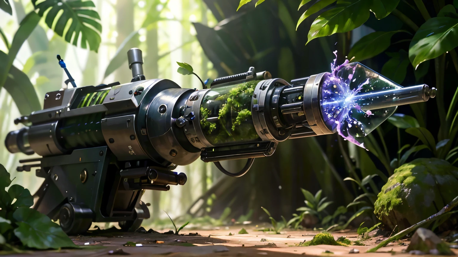 Science Fiction，unmanned，Gun with plants and crystals，Glowing gun，plasma，Plant and machine combination，moss，The vine plant attached to the gun，cgi，Realism，Light and Shadow，HD，Extreme details，high resolution，Outdoor scene on the ground