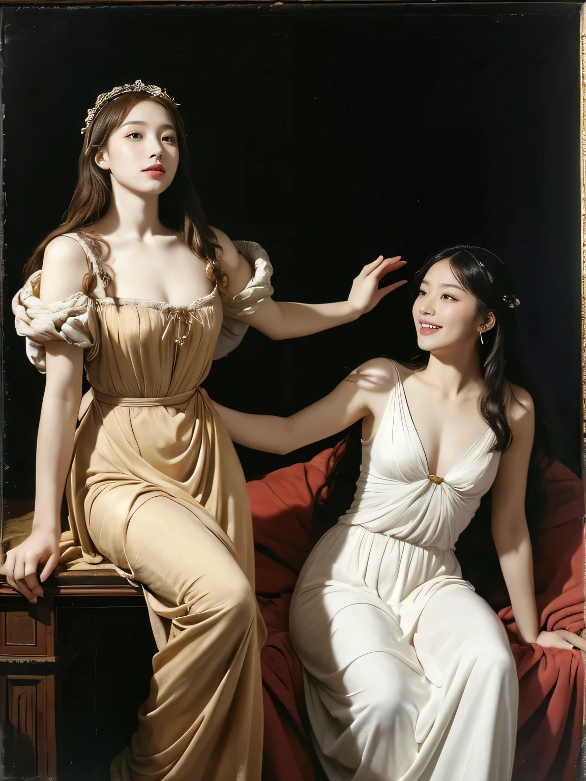 Female angel with two white wing,full body portrait or statue、Sandro Botticelli painting style,Arguments of two female Philosophe,math、astronomical machine、astronaut、roses in vase、fruits、Cute trinkets、smile、ancient greek costume、Ancient Roman landscape in the style of Nicolas Poussin,laughter,,Sweet and seductive appearance.、Caravaggio's paintings、Chiaroscuro of Caravaggio、hair tousled by the wind,Two women frolicking,cute smile, expression of ecstasy,Sexy,erotic