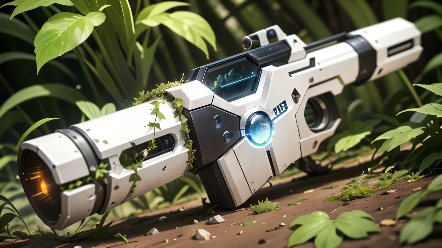 Science Fiction,unmanned,Gun with plants and crystals,Glowing white gun,plasma,Plant and machine combination,moss,The vine plant attached to the gun,cgi,Realism,Light and Shadow,HD,Extreme details,high resolution,Outdoor scene on the ground