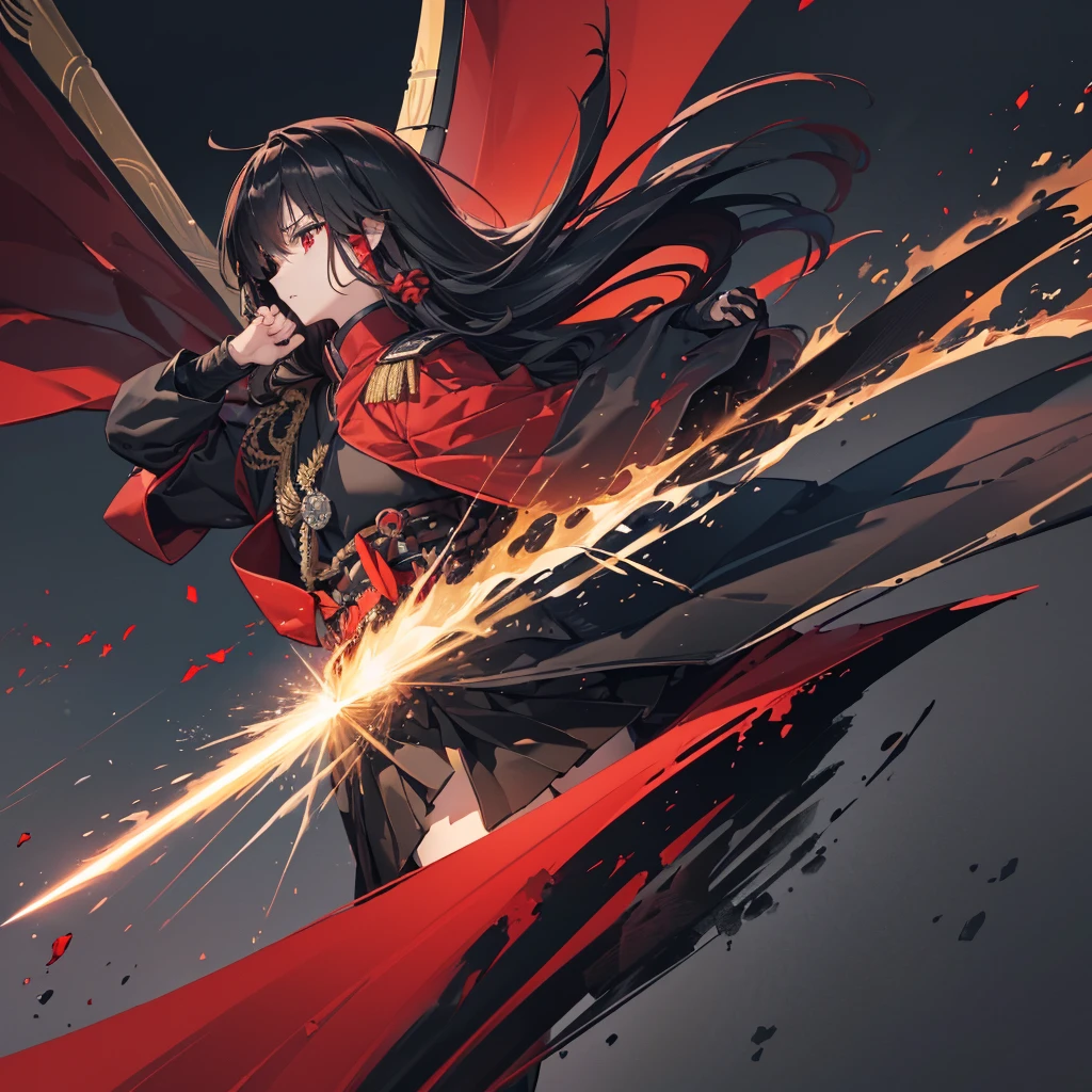((blackい髪 Long Hair black Military commander one person Lonely Red Flag Eye patch)) ((night Japanese style old Shining Aura)) (Dance Flame Blade Shining Japan sword Draw your sword Grasp the sword) moon star Draw your sword Slashing Catch the wind print Tense face