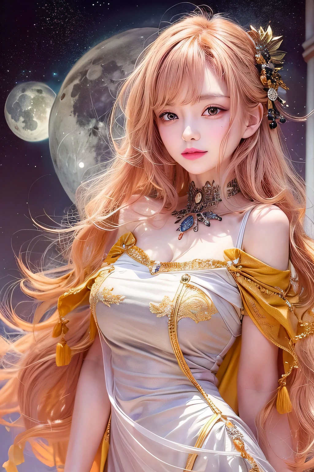 masterpiece, 1 Beautiful girl, Fine grain, highest quality, Ultra High resolution, (reality: 1.4), Cinema Lighting, Beautiful Skin, (Ultra-realistic), (High resolution), (8k), (Very detailed), ( Best illustrations), Pouting slightly, (Crystal colorful lights), Extremely refined and beautiful, beautiful detailed eyes, Round eyes, detailed facial features, (Round pupils:1.4), (alluring face), Smiling lips, (Medium breasts:1.3), A shallow smile, Open lips, (Beautiful and detailed face, Beautiful and delicate eyes), pink cheek, mascara, orange hair, short hair, (Walking on the moon:1.3), off shoulder, (full body:1.3), wearing a shirts, side view, moon night,