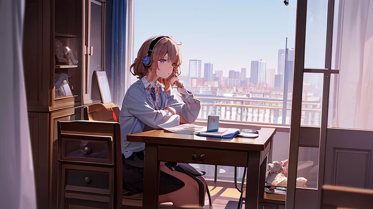 Study Room,Sitting in a chair,Two dogs, a toy poodle and a French bulldog,Beautiful girl studying in her room while listening to music on headphones,Warm lighting,There is a clock、Outside the room is a starry sky.,Antique alarm clock,Toy poodle looking at the alarm clock,Sleeping french bulldog,Japanese anime style