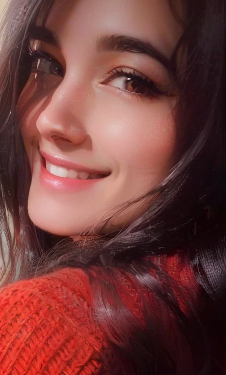 smiling woman with long dark hair wearing a red sweater, beautiful and smiling, lovely smile, profile image, with a beautifull smile, with a seductive smile, charming smile, warm and gentle smile, profile pic, candid picture, cute seductive smile, seductive smile, beautiful smile, headshot profile picture, beuatiful face, innocent smile, smiling sweetly, beautiful smiling face