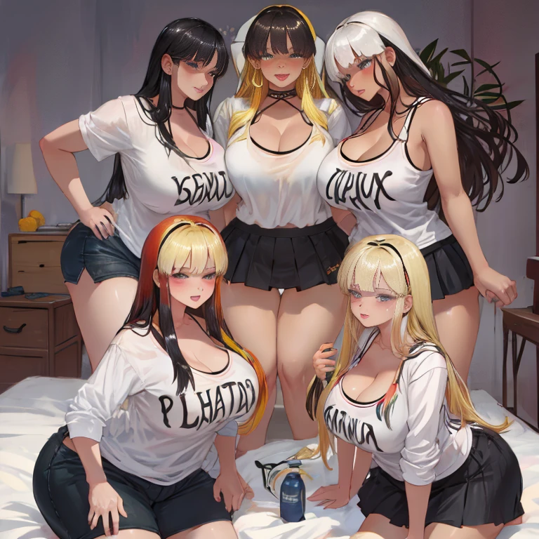    female、1 male、(european:1.2)、(blonde)、(Super beautiful)、(beautiful face:1.5)、30 year old womanl、gray blazer、(short skirt)、white shirt、large bedroom inside mansion (A single black man laying on his back, in-bed wearing shorts, in-center of composition) A diverse group of five young adult Americans, representing different ethnicities and characteristics, wearing yoga-pants and tank-tops, displays their unique beauty with perfect bodies, large breasts, wide thicc-hips, Among them, there are blonde young adult girls with auburn hair, emanating an air of natural elegance. Brown young adult girls with silky locks and a captivating sheen show off their exotic beauty. Also present are black young adult girls with stunning curly hair, highlighting their authenticity and cultural pride, (the women surround a singular BLACK MAN with short-hair, from all sides) (in a bed) the women kiss the singular Black Man, touch the singular Black man, masterpiece, high details, high quality, best quality.