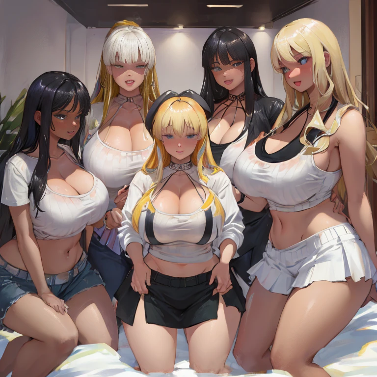 female、1 male、(european:1.2)、(blonde)、(Super beautiful)、(beautiful face:1.5)、30 year old womanl、gray blazer、(short skirt)、white shirt、large bedroom inside mansion (A single black man laying on his back, in-bed wearing shorts, in-center of composition) A diverse group of five young adult Americans, representing different ethnicities and characteristics, wearing yoga-pants and tank-tops, displays their unique beauty with perfect bodies, large breasts, wide thicc-hips, Among them, there are blonde young adult girls with auburn hair, emanating an air of natural elegance. Brown young adult girls with silky locks and a captivating sheen show off their exotic beauty. Also present are black young adult girls with stunning curly hair, highlighting their authenticity and cultural pride, (the women surround a singular BLACK MAN with short-hair, from all sides) (in a bed) the women kiss the singular Black Man, touch the singular Black man, masterpiece, high details, high quality, best quality.
