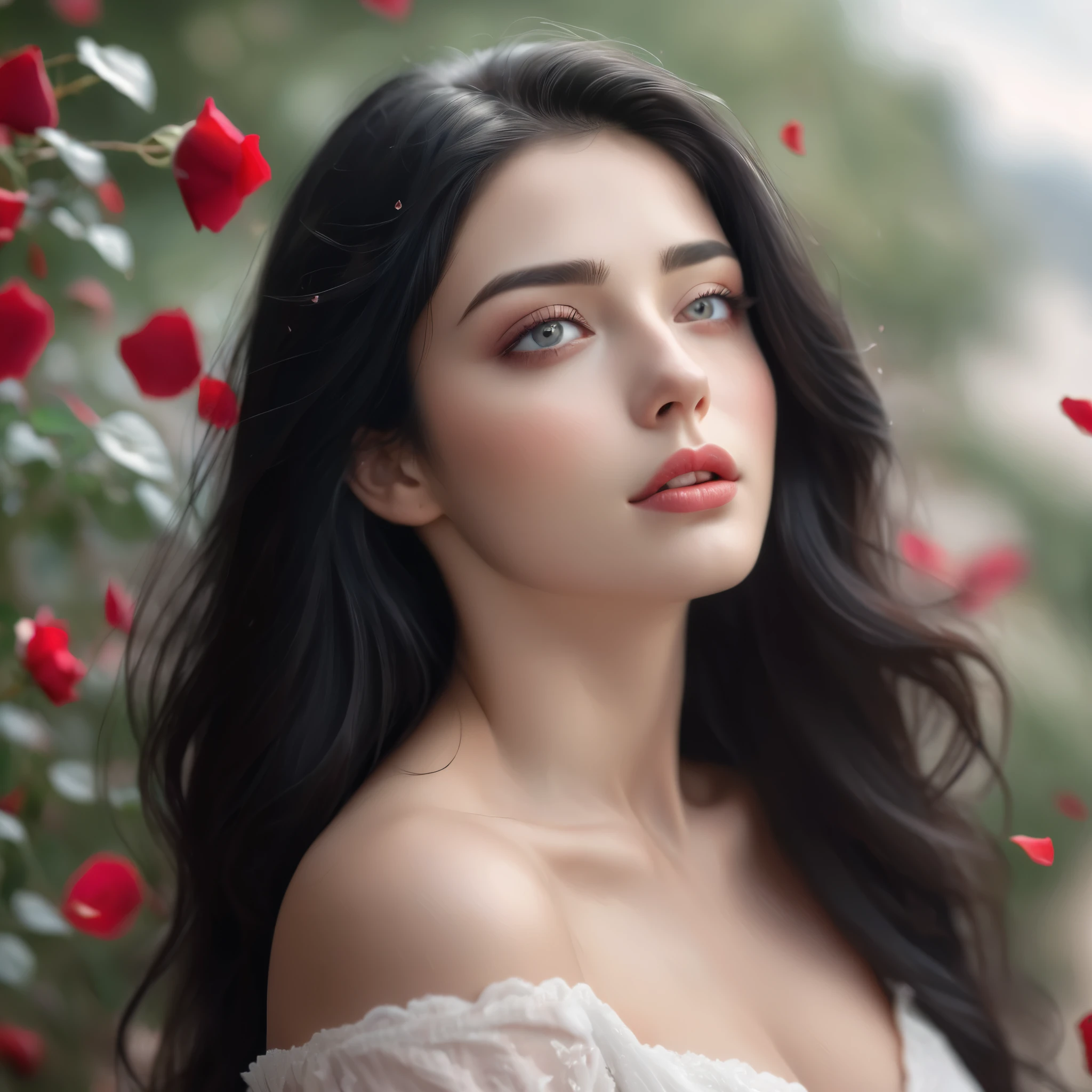 (best quality, realistic, ultra-detailed), a beautiful woman looking up, hair blowing in the wind, and red rose petals falling. perfect makeup, detailed eyes, and lips, long flowing black hair, graceful pose, vibrant colors, soft lighting, romantic atmosphere, elegant and confident expression, delicate features, flowing dress, natural surroundings, dreamy ambiance. canon eos r3, 20 megapixels