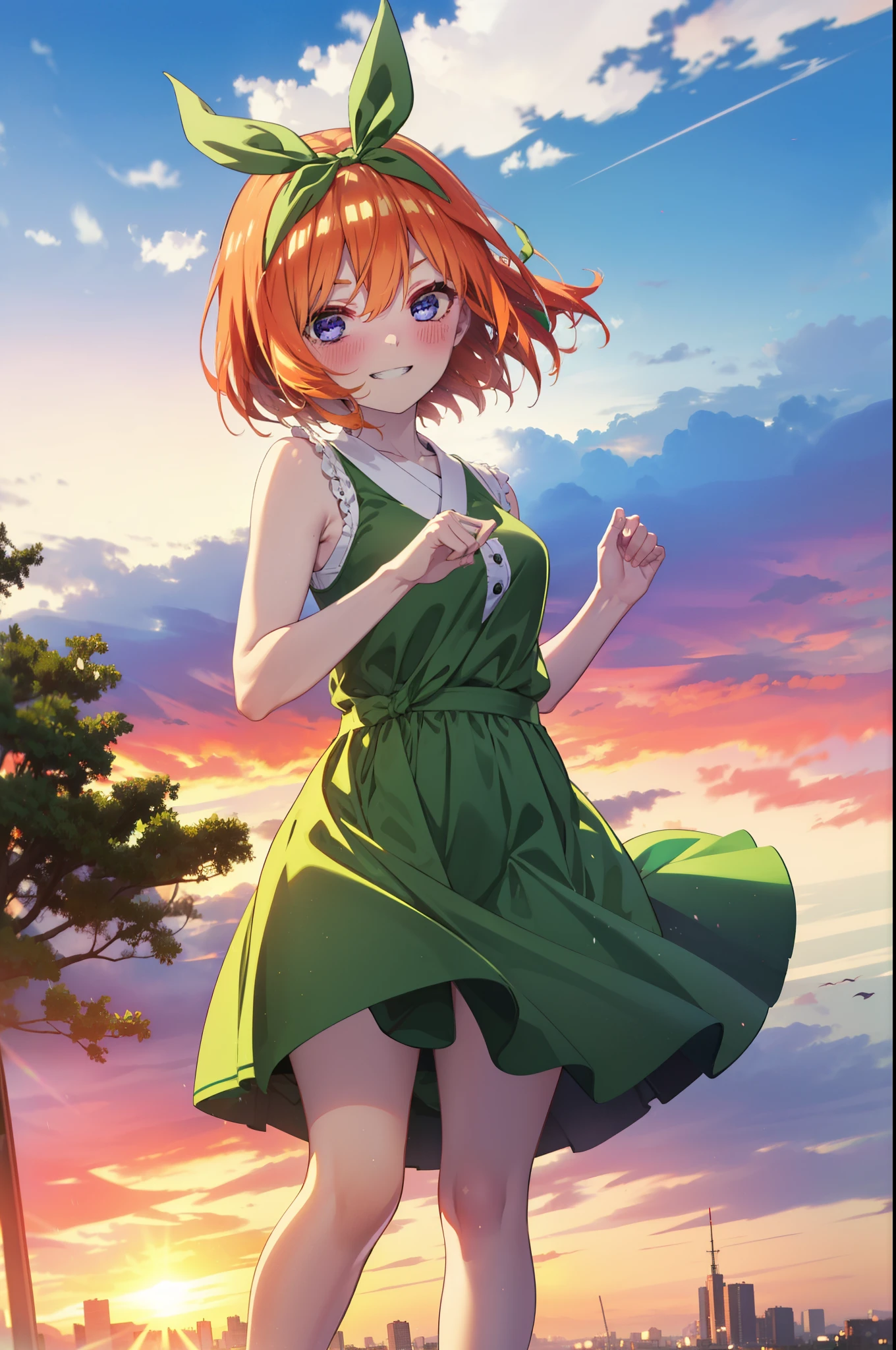 yotsubanakano, yotsuba nakano, bangs, short hair, blue eyes, Hair between the eyes, Hair Ribbon, hair band, Orange Hair, (Green ribbon:1.5), smile, Grin,smile,Sleeveless green dress,Bare arms,Green long skirt,Cute heeled sandals,sunset,evening,The sun goes down,My hair is blowing in the wind,whole bodyがイラストに入るように,Looking down from above,
break outdoors, city,海岸通り
break looking at viewer, whole body,
break (masterpiece:1.2), highest quality, High resolution, unity 8k wallpaper, (shape:0.8), (Beautiful details:1.6), Highly detailed face, Perfect lighting, Extremely detailed CG, (Perfect hands, Perfect Anatomy),