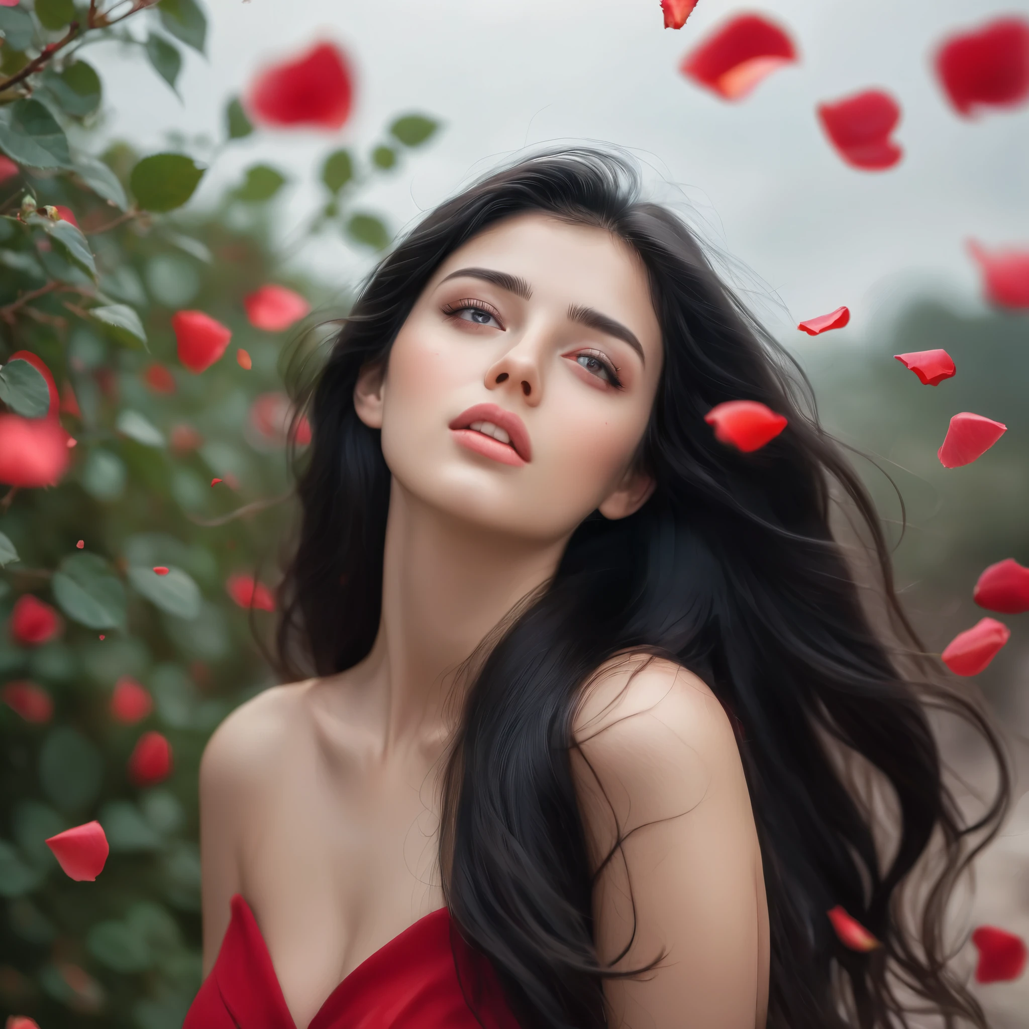 (best quality, realistic, ultra-detailed), a beautiful woman looking up, hair blowing in the wind, and red rose petals falling. perfect makeup, detailed eyes, and lips, long flowing black hair, graceful pose, vibrant colors, soft lighting, romantic atmosphere, elegant and confident expression, delicate features, flowing dress, natural surroundings, dreamy ambiance. canon eos r3, 20 megapixels