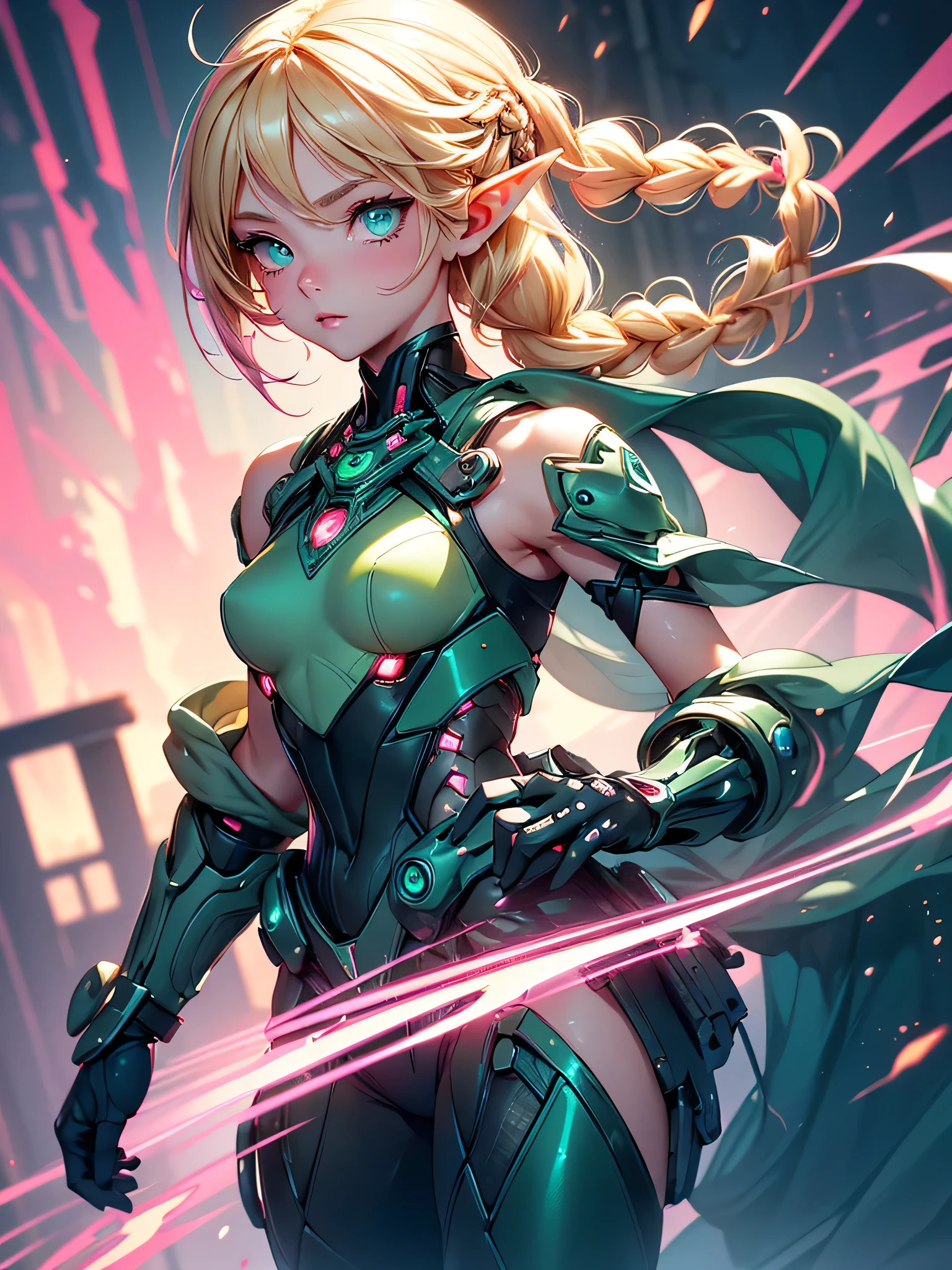 nsfw:1.1, high resolution:1.7, incredibly absurdres, kawaii:1, cute:1.5, hires.fix,anime visual:1,incredibly fine illustration,8k,masterpiece:1.2,best quality, high quality, exquisite, beautiful,insanely detailed, intricate detailed, extremely detailed, Super Definition,ultra high res, perfect face, detailed face,  Japanese Actress,(Idol),18yo,Beautiful,(Cute and lovely),cute girl,((anime elf with extremely cute and beautiful blonde hair)),((((blonde single braid)))),(((green_eyes:1.3))),intricate eyes,beautiful detailed eyes,symmetrical eyes,big eyes:1.5,enchanting bright eyes studded with gold and silver dust,(((pinky and glowing_skin,shiny body,plastic glitter skin,exaggerated shiny skin,illuminated skin))),upward breasts,waist slender,(detailed body,(detailed face)),cute,daring,zettai ryouiki,show skin,best relationship with four fingers and one thumb,Very Fine Face and Eyes,Very Fine Hair,(Perfect Anatomy),((girl trembling with sexual climax)),Garter Belt,Bare shoulders,Check out our thru-rack chokers and midi rings with chains,(Blonde to Pink Hair: 1.3),((Beautiful, Detailed Eyes, Jewel-like Eyes, Shining Eyes: 1.3)) , The female body incorporates mechanical components such as gears, wires and circuits that merge with the female's natural form to create a visually captivating and futuristic aesthetic. The mechanical elements emphasize precision and functionality, with interconnected gears and cogs that work harmoniously with the female physique. Female faces may have cybernetic enhancements such as glowing eyes, neural implants, and metallic facial features that symbolize the fusion of man and machine. This artwork embodies both the strength of a woman and the grace of the human spirit. Lighting and shadows play an important role, enhancing the contrast between organic and mechanical elements and adding depth to the composition. It emphasizes the mechanical nature of the artwork. Background details may include futuristic cityscapes, industrial landscapes,