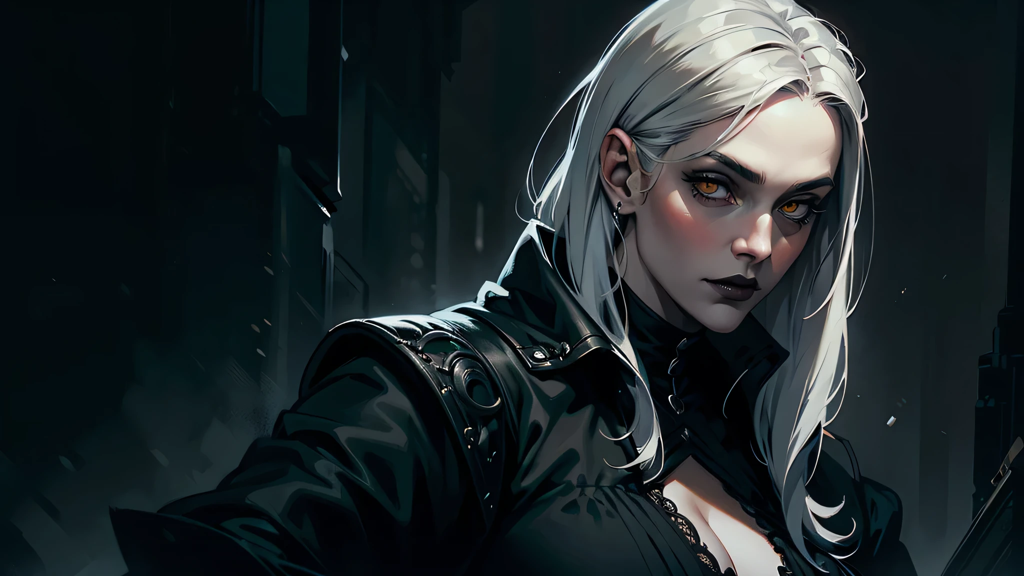 Woman with silver hair and yellow eyes in black shirt, black lips, huge breasts, Vampire Girl, Dark, But detailed digital art, dark fantasy style art, Portrait of a vampire, androgynous vampire, Dark art style, style of charlie bowater, gothic horror vibes, tom bagshaw artstyle, gothic art style, dark fantasy portrait, neoartcore and charlie bowater