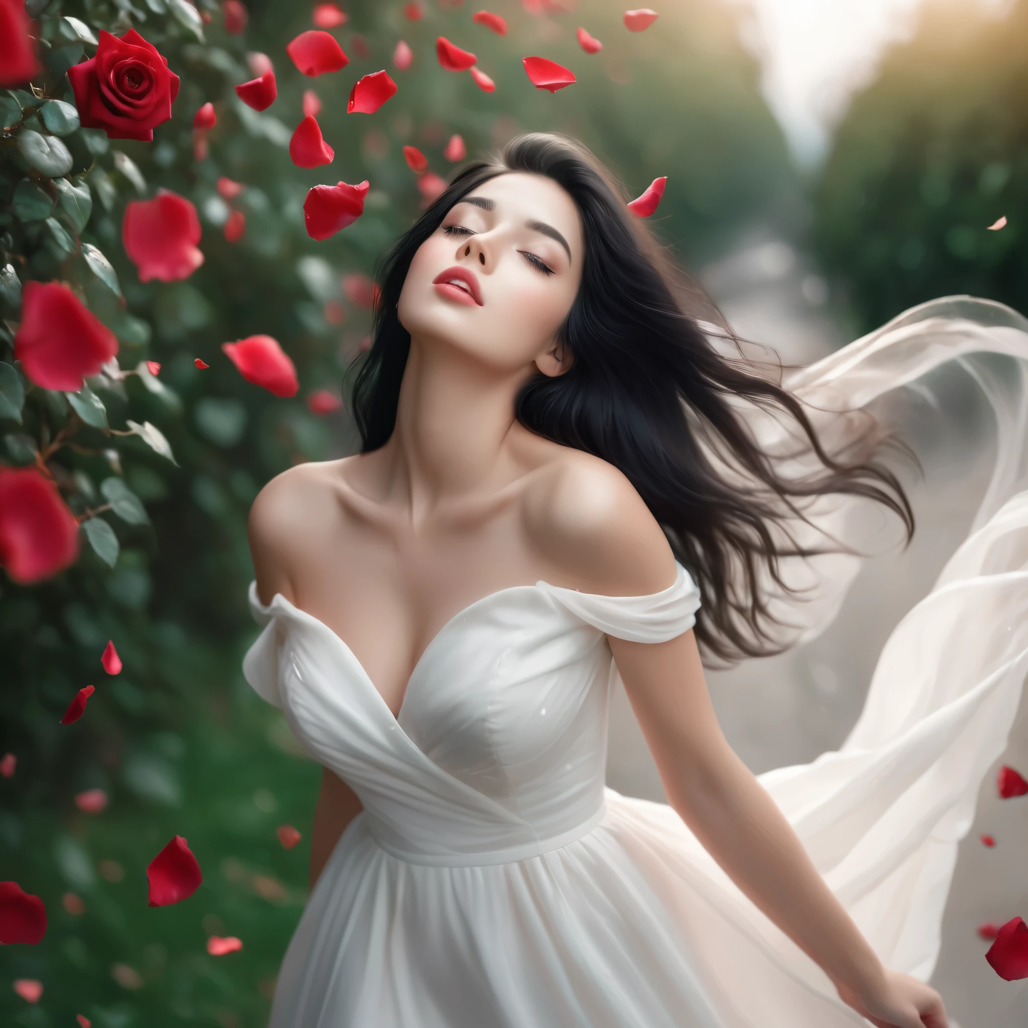 (best quality, realistic, ultra-detailed), a beautiful woman looking up, hair blowing in the wind, and red rose petals falling. perfect makeup, detailed eyes, and lips, long flowing black hair, graceful pose, vibrant colors, soft lighting, romantic atmosphere, elegant and confident expression, delicate features, flowing dress, natural surroundings, dreamy ambiance. canon eos r3, 20 megapixels