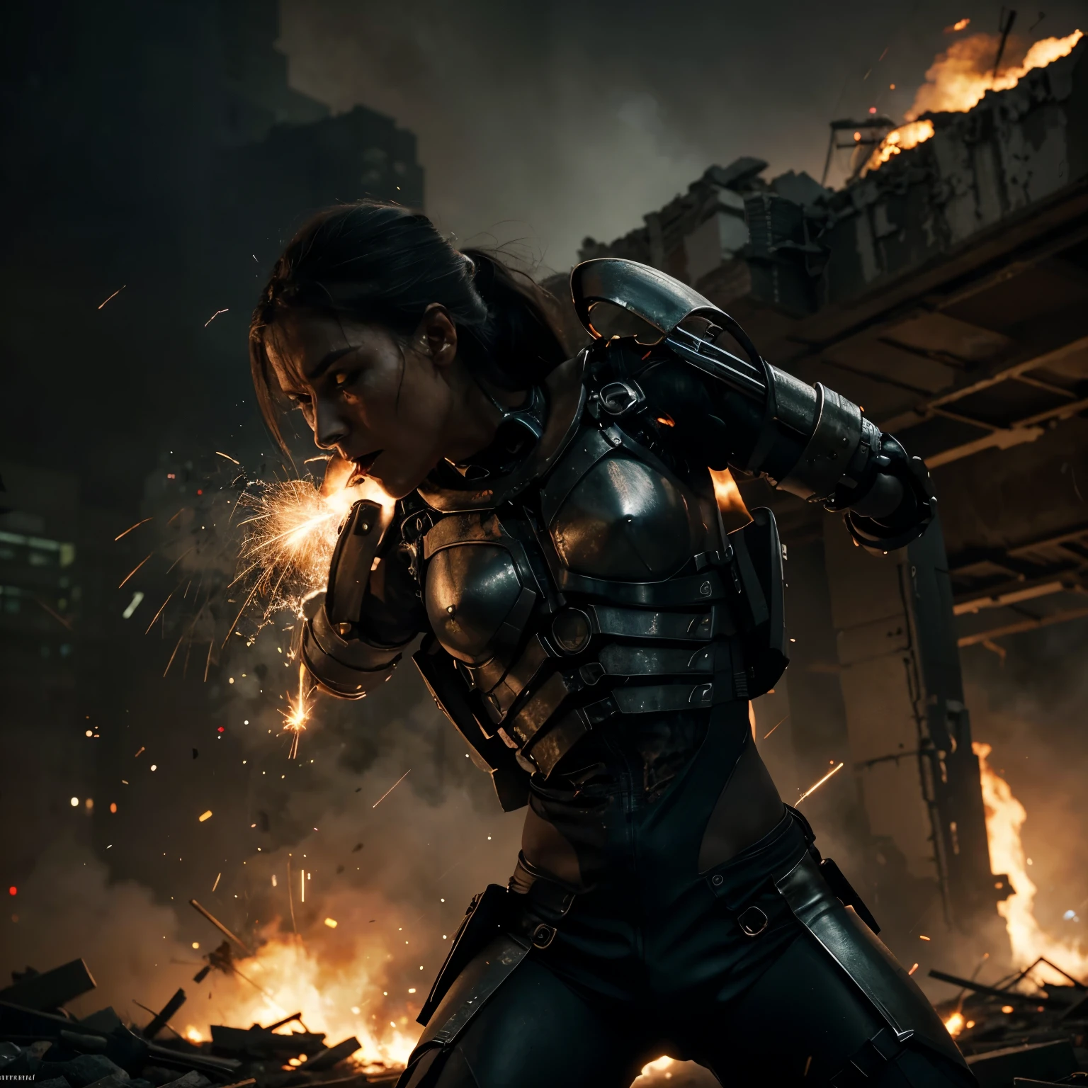 Close-up on a brutal fight between two T-800 endoskeletons amidst the ruins of the US Capitol. Render the scene in hyper-realistic 8K with dramatic, dark lighting. Capture the chaos and intensity of the battle through the metallic clash of limbs, sparks flying, and exposed wires dangling from their damaged bodies. The background shows glimpses of a devastated cityscape shrouded in smoke, with flashes of explosions illuminating the scene momentarily. The overall feeling is one of grim determination and relentless conflict.