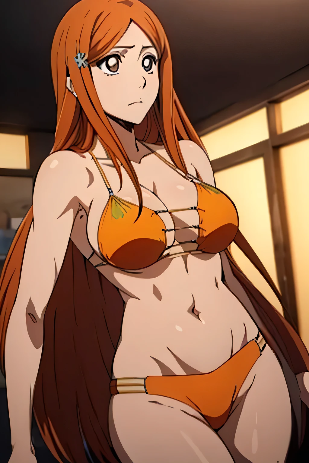 1 woman, orihime inoue, long light brown hair, big breasts, orange eyes, ((detailed eyes:1.2)), wearing micro bikini, sexy, sensual, sideboob, masterpiece, top quality, best quality, official art, beautiful and aesthetic:1.2), extreme detailed, colorful, highest detailed