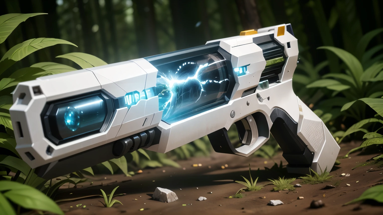 Science Fiction，unmanned，Gun with plants and crystals，Glowing white gun，plasma，Plant and machine combination，moss，The vine plant attached to the gun，cgi，Realism，Light and Shadow，HD，Extreme details，high resolution，Outdoor scene on the ground