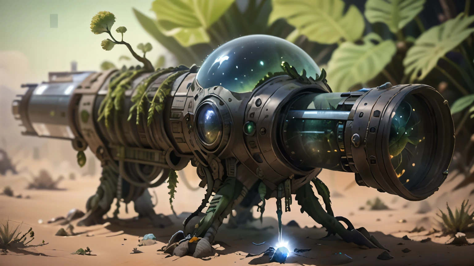 Science Fiction，unmanned，Gun with plants and crystals，Glowing white gun，plasma，Plant and machine combination，moss，The vine plant attached to the gun，cgi，Realism，Light and Shadow，HD，Extreme details，high resolution，Outdoor scene on the ground