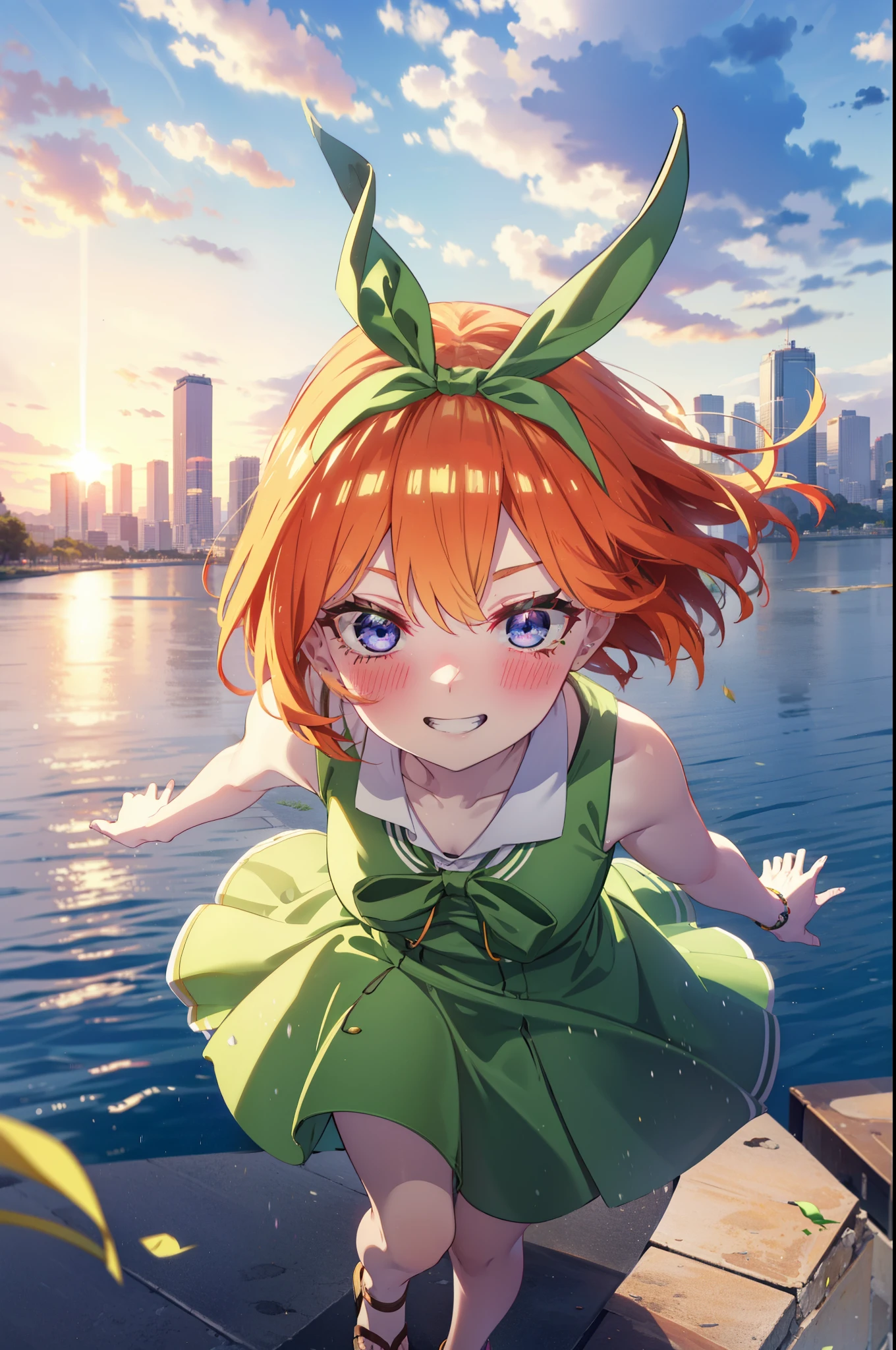 yotsubanakano, yotsuba nakano, bangs, short hair, blue eyes, Hair between the eyes, Hair Ribbon, hair band, Orange Hair, (Green ribbon:1.5), smile, Grin,smile,Sleeveless green dress,Bare arms,Green long skirt,Cute heeled sandals,sunset,evening,The sun goes down,My hair is blowing in the wind,whole bodyがイラストに入るように,Looking down from above,
break outdoors, city,海岸通り
break looking at viewer, whole body,
break (masterpiece:1.2), highest quality, High resolution, unity 8k wallpaper, (shape:0.8), (Beautiful details:1.6), Highly detailed face, Perfect lighting, Extremely detailed CG, (Perfect hands, Perfect Anatomy),