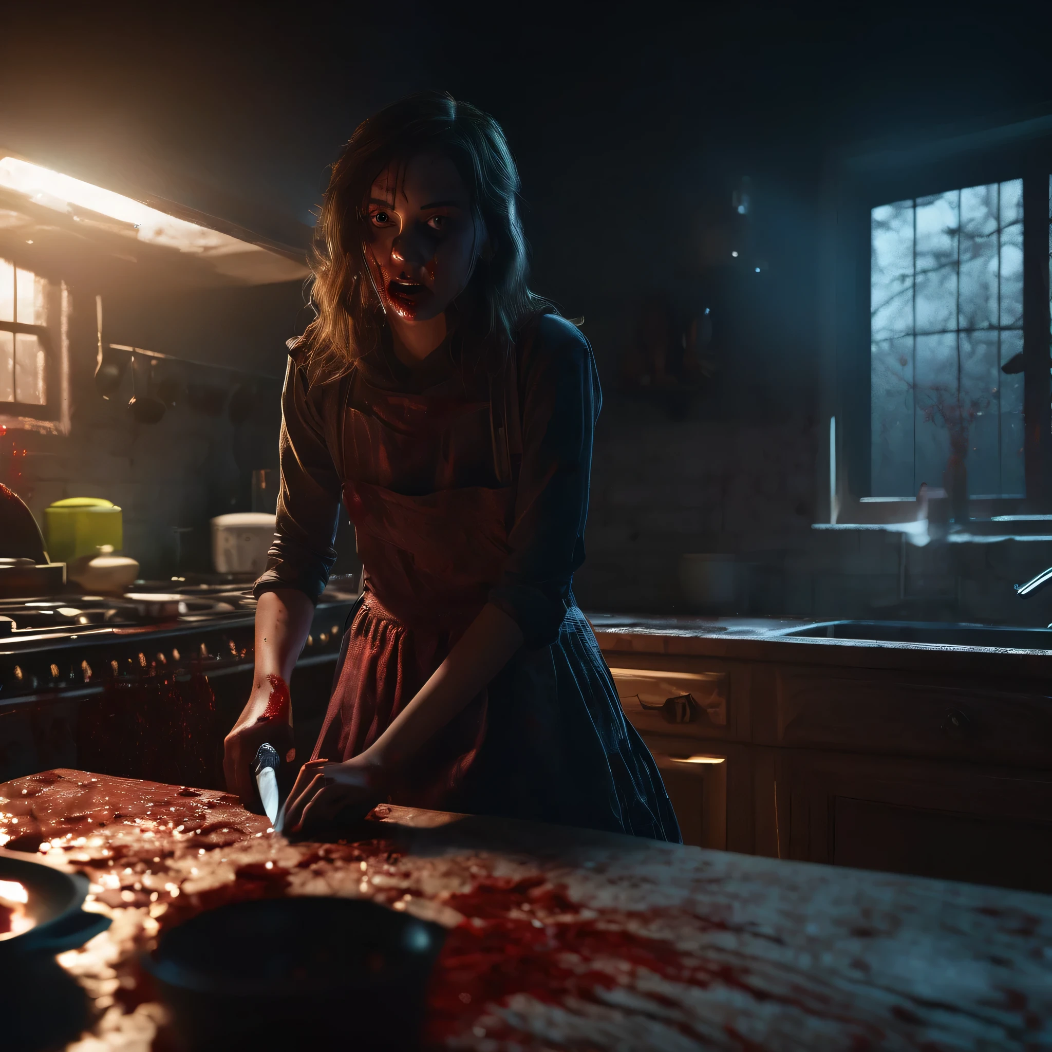 horror scene, knife, dark rooms, glowing eyes, girl, kitchen, gore, chiaroscuro, cinematic lighting, ray tracing, Ultra-Wide Angle, UHD, masterpiece, textured skin, super detail, best quality, highres, 4K