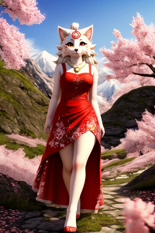Okami Amanterasu diosa del sol furry, con un hermoso vestido, walking on a mountain with cherry trees, con un hermoso paisaje, beautiful and cute furry, HD 3D 4K
