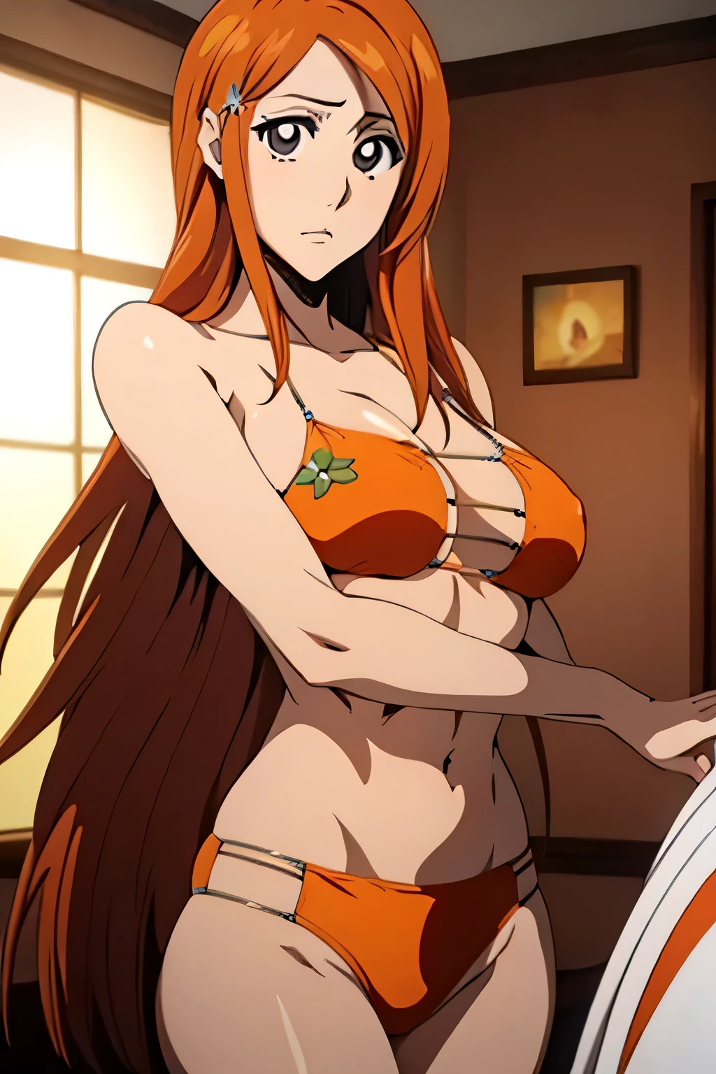 1 woman, orihime inoue, long light brown hair, big breasts, orange eyes, ((detailed eyes:1.2)), wearing micro bikini, sexy, sensual, sideboob, masterpiece, top quality, best quality, official art, beautiful and aesthetic:1.2), extreme detailed, colorful, highest detailed